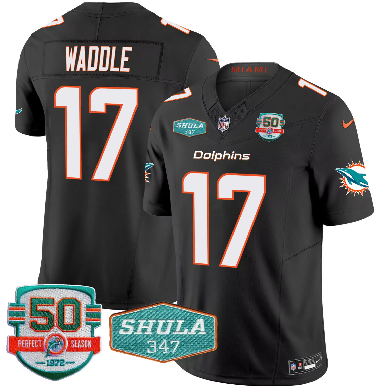 Jaylen Waddle 17 Dolphins Jersey Black 50th Season Perfect Shula 347 Men Orange White