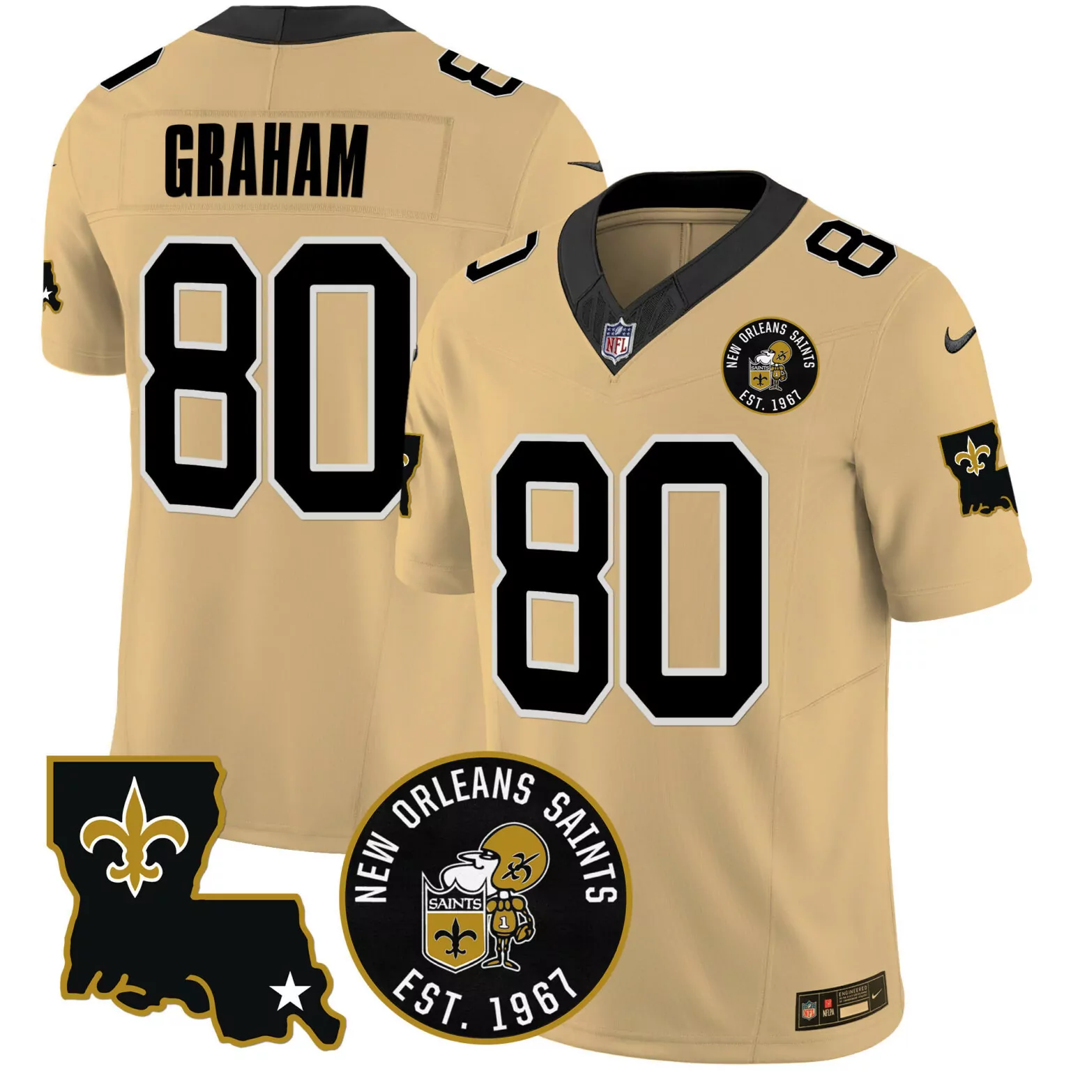 Jimmy Graham 80 Jersey Gold New Orleans Saints 1967 Louisiana State Outline Fleur-de-lis