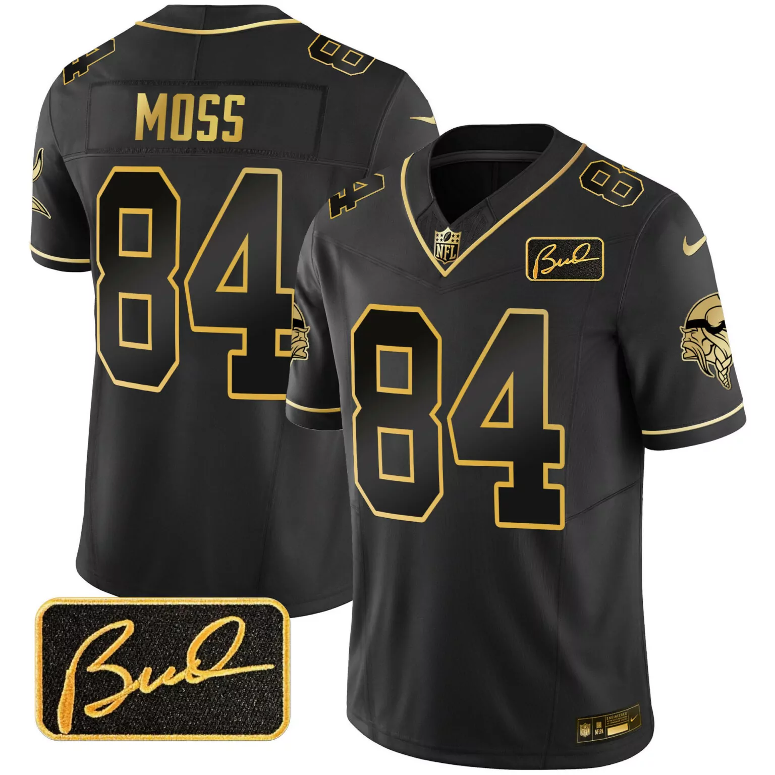 Randy Moss 84 Minnesota Vikings Jersey Black Bud Signature Men Replica Gold v2 All