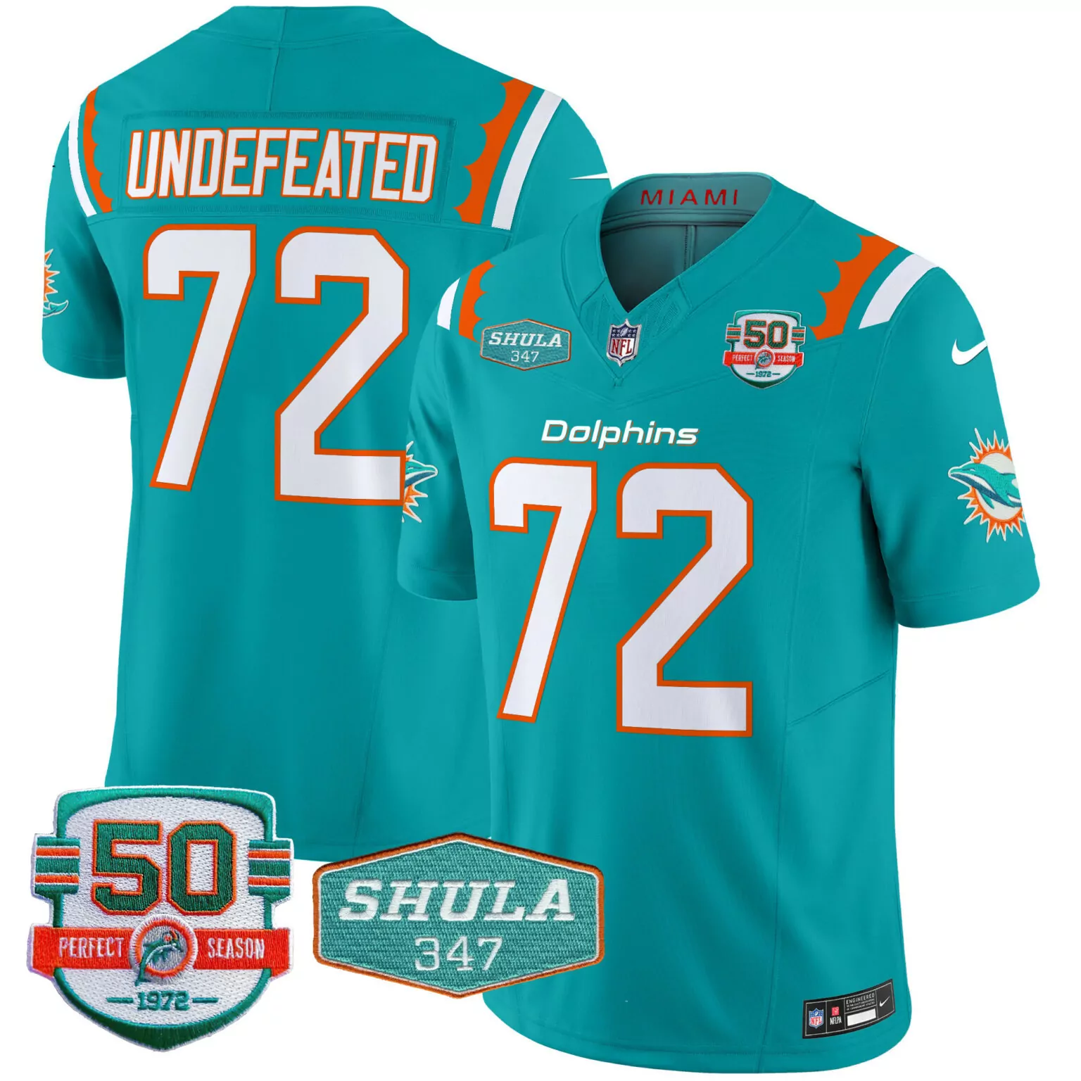Undefeated 72 Miami Dolphins Jersey Teal 50th Perfect Season 1972 Shula 347 Men Orange