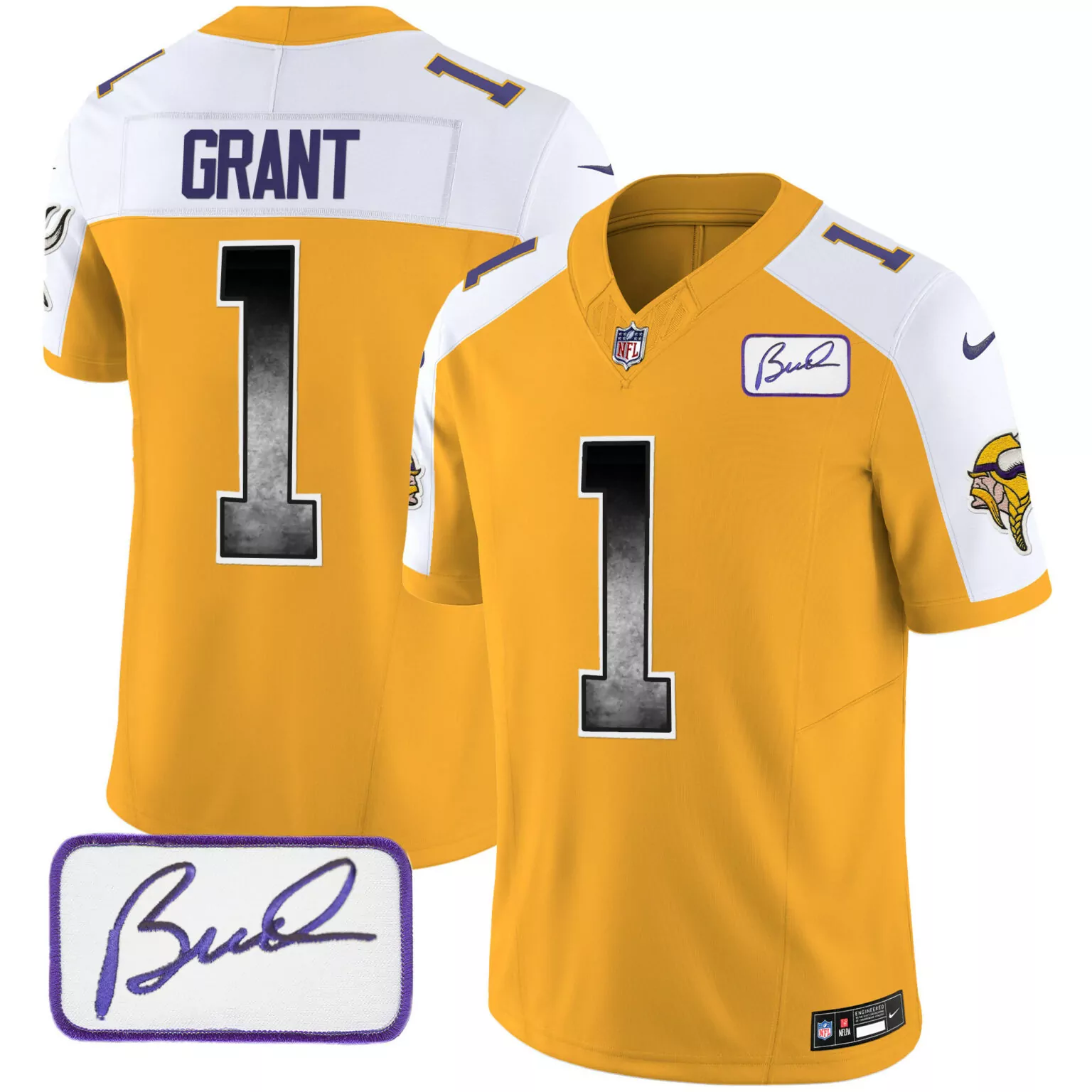 Bud Grant 1 Minnesota Vikings Jersey Gold Signature Men White Purple Alternate All