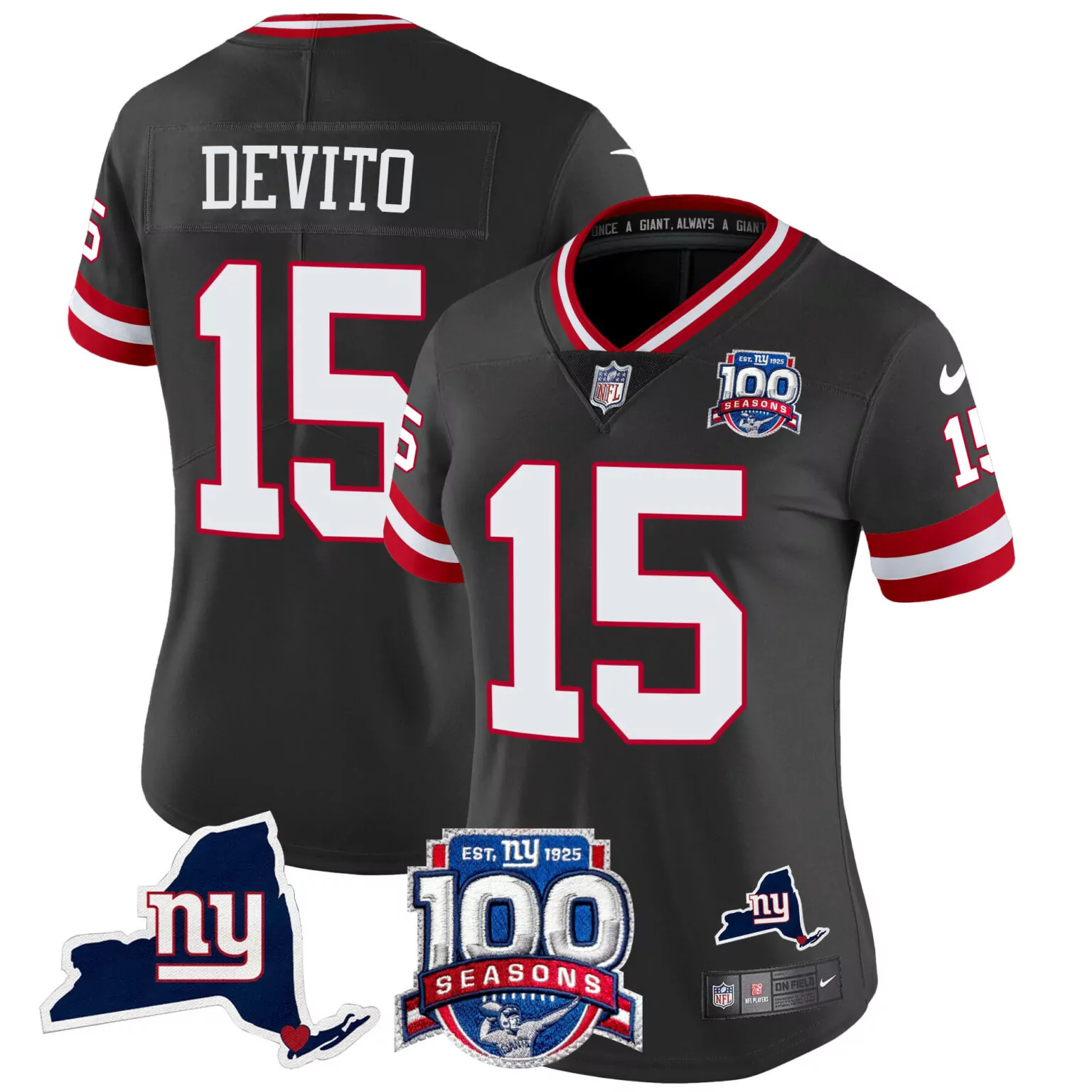 Tommy Devito 15 New York Giants Jersey Black 100th Season 100 Seasons NY State Outline