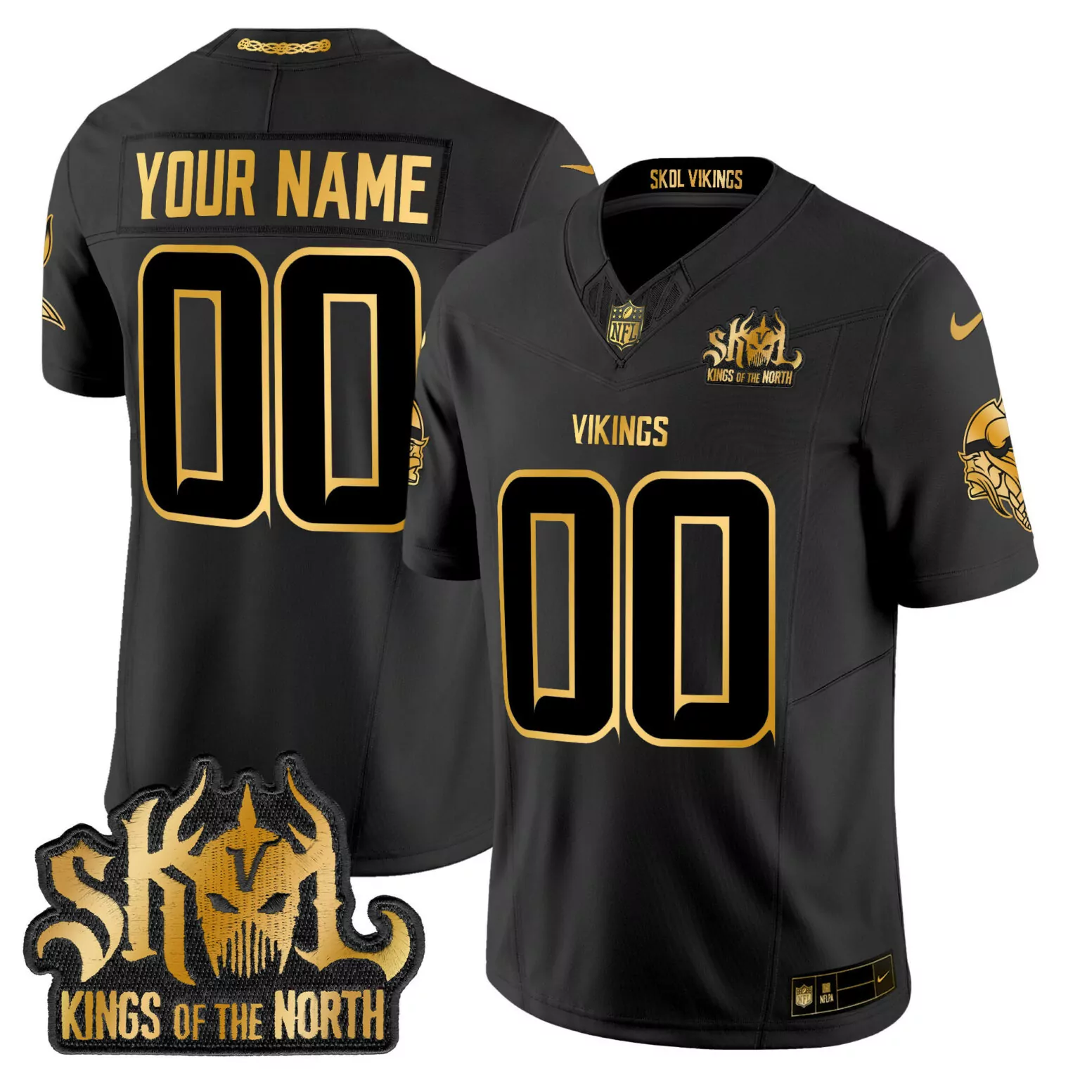 Custom Vikings Jersey Black Skol Kings Of The North Men Gold Vapor All Stitched