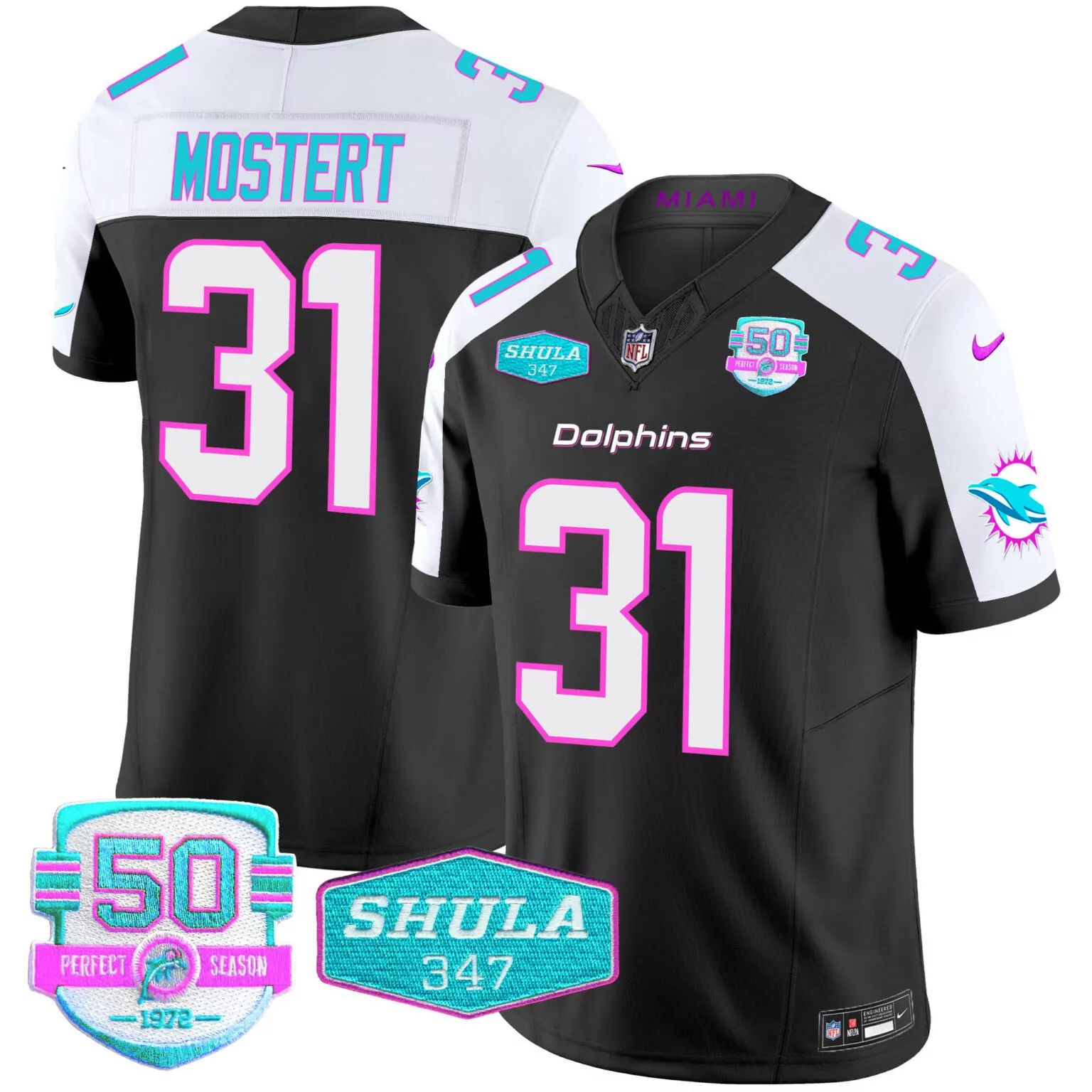 Raheem Mostert 31 Dolphins Jersey Black 50th Season 50 Perfect 1972 Shula 347 Men