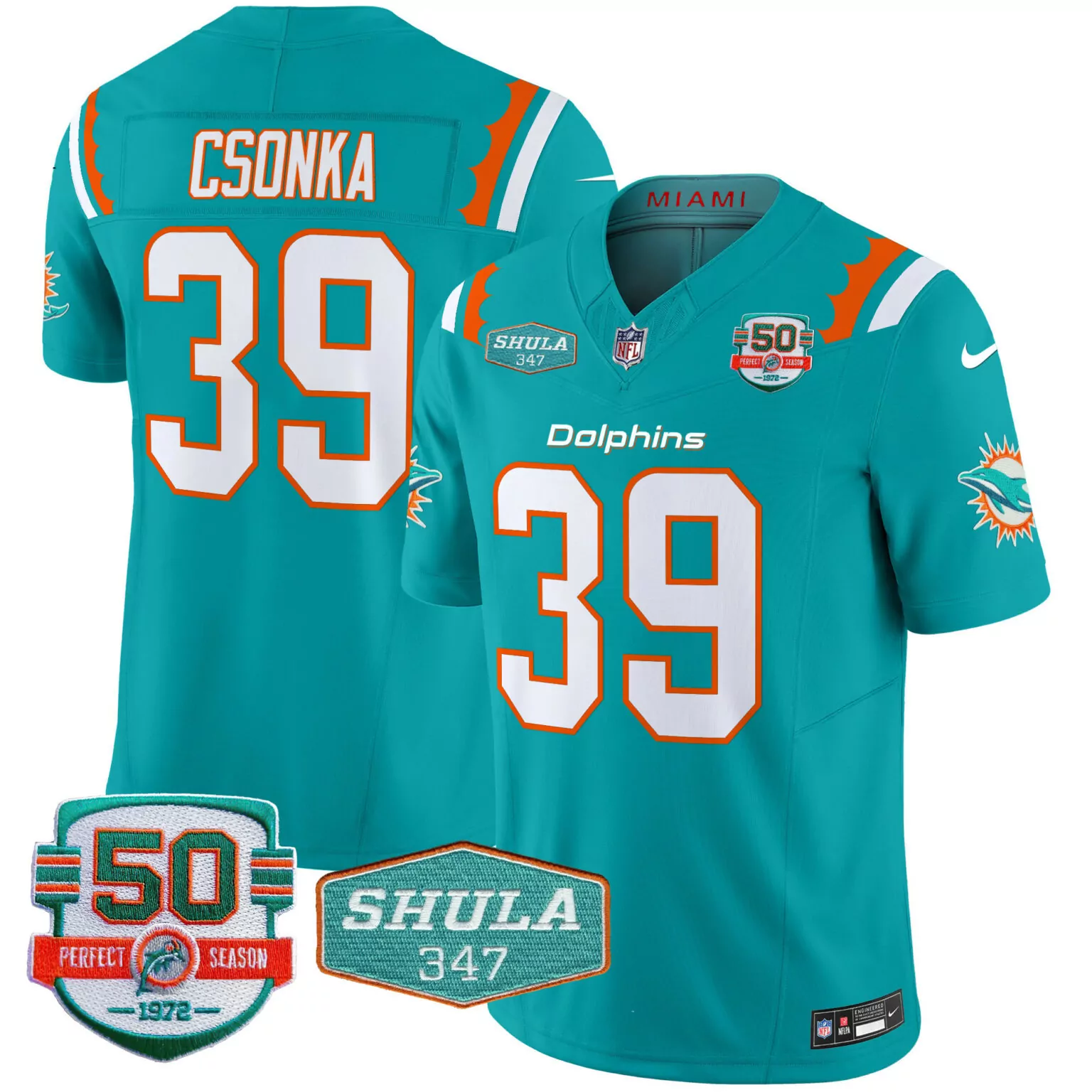 Larry Csonka 39 Miami Dolphins Jersey Teal 50th Anniversary Perfect Season 50 1972 Shula 347