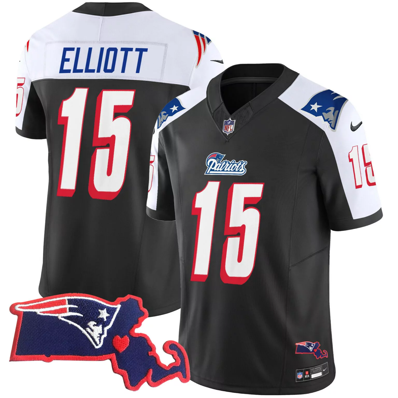 Ezekiel Elliott 15 Patriots Jersey Black City Connect Massachusetts Shape Heart Men