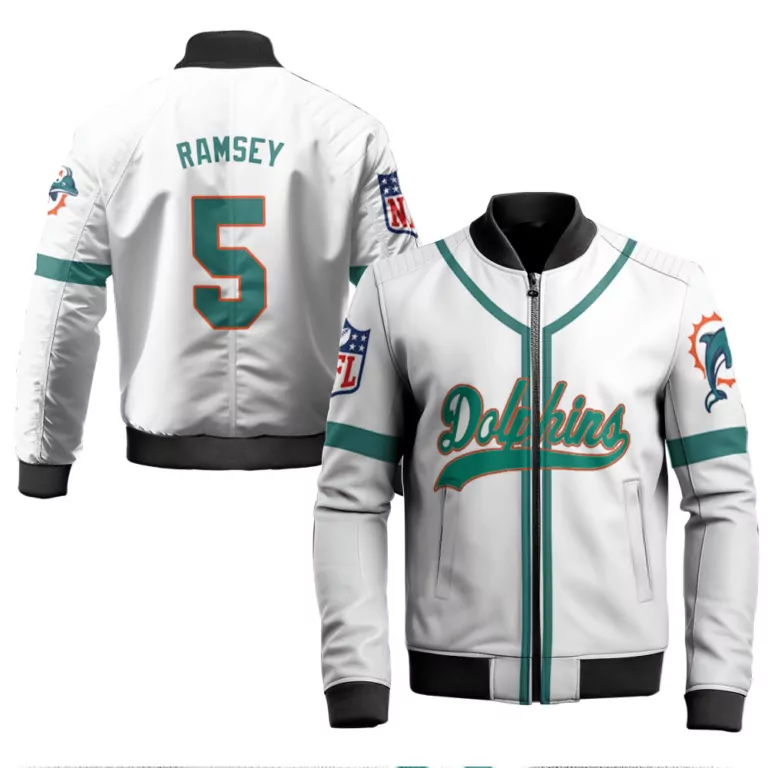 Jalen Ramsey 5 Dolphins Jersey White Bomber Jacket Teal Orange Throwback