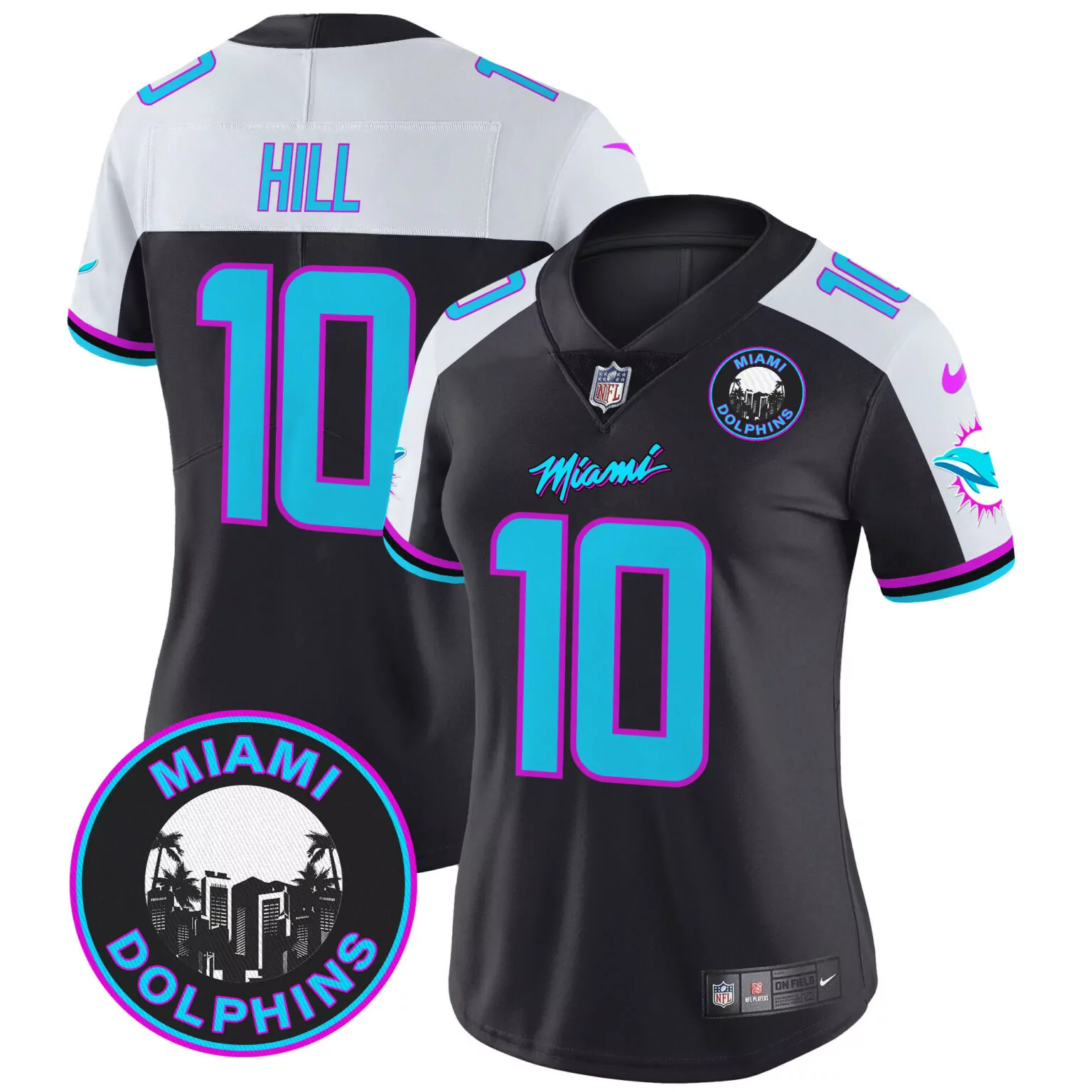 Tyreek Hill 10 Miami Dolphins Jersey Black Circular Women Split Design White Aqua