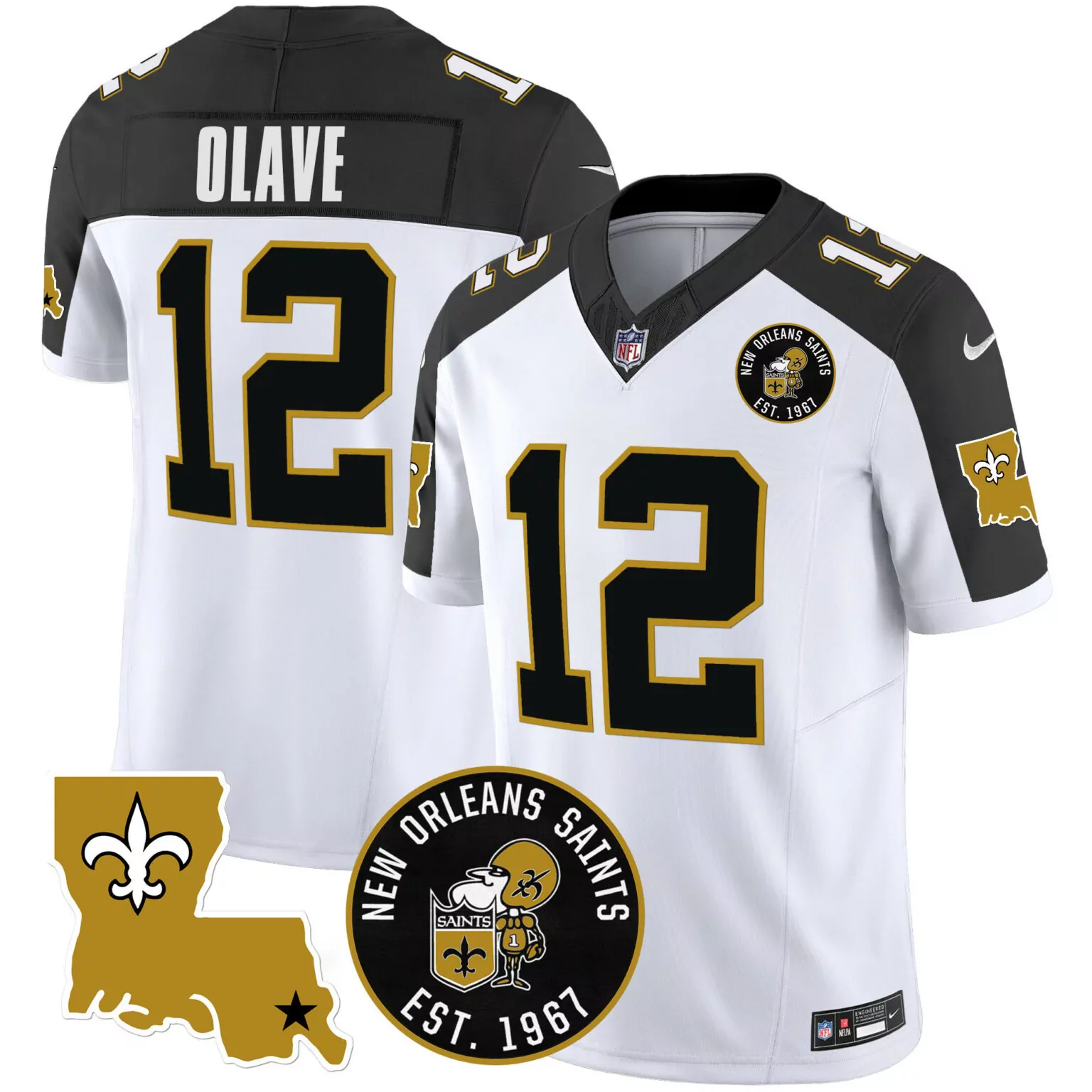 Chris Olave 12 New Orleans Saints Jersey White Men Split Design Black Gold All Stitched