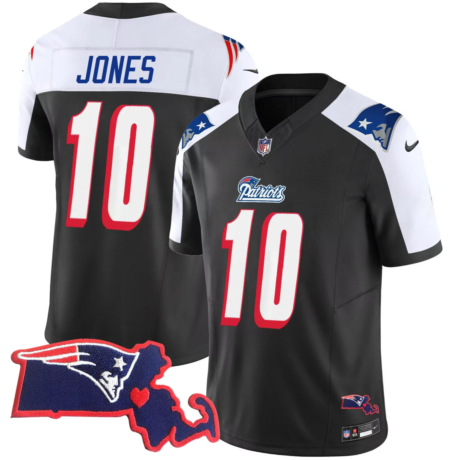 Mac Jones 10 Patriots Jersey Black Men Game Alternate Split Design White Red Throwback