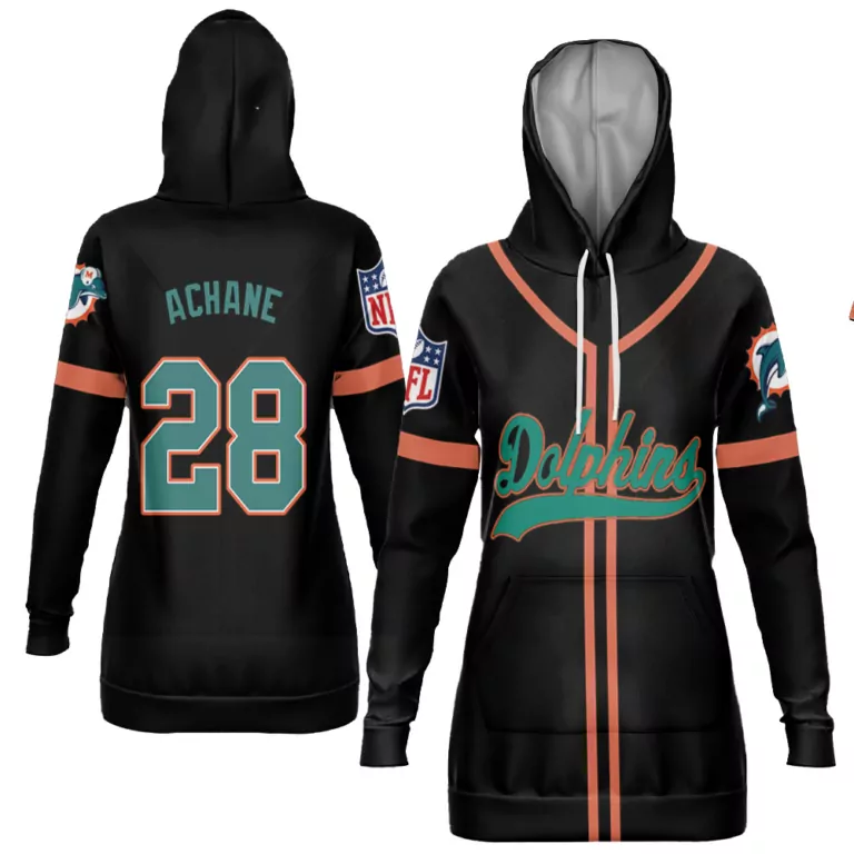 De'von Achane 28 Dolphins Jersey Black Women Hoodie Teal Orange Throwback