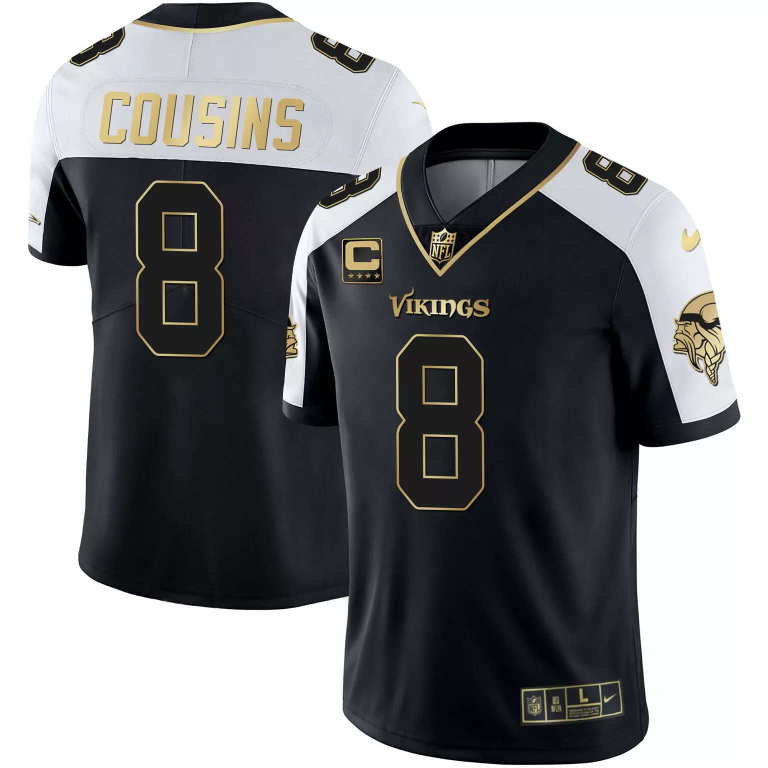 Kirk Cousins 8 Vikings Jersey Black Men Replica Alternate White Gold All Stitched