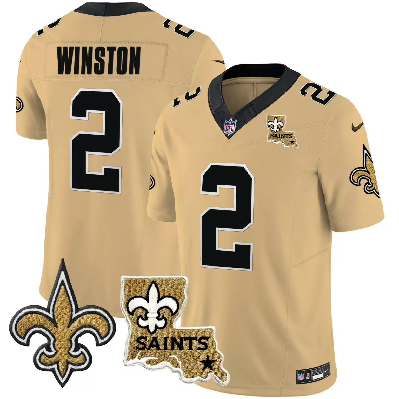 Jameis Winston 2 Saints Jersey Gold New Orleans Louisiana Map Men Black All Stitched