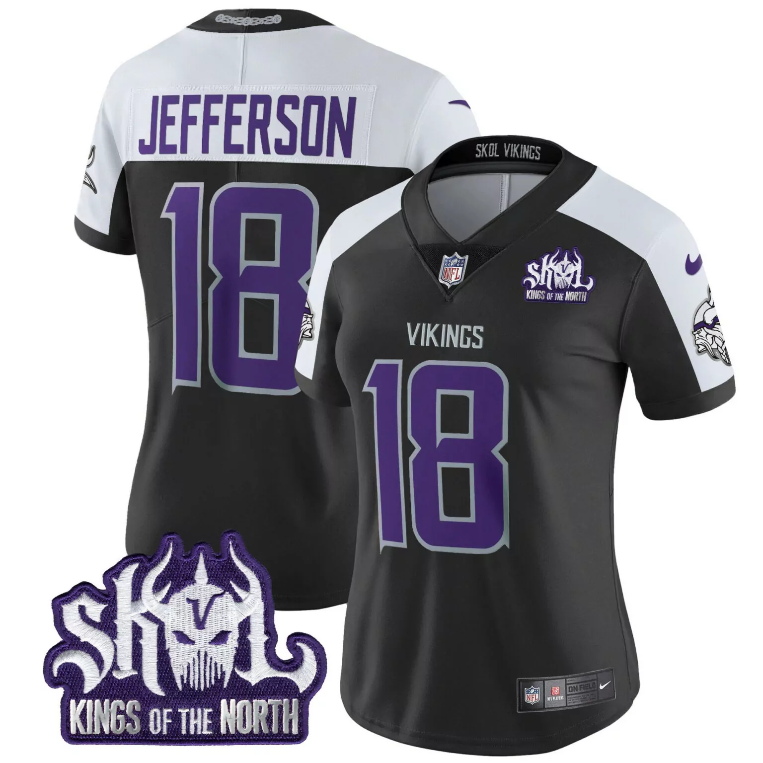 Justin Jefferson 18 Vikings Jersey Black Skol Kings Of The North Men Split Design