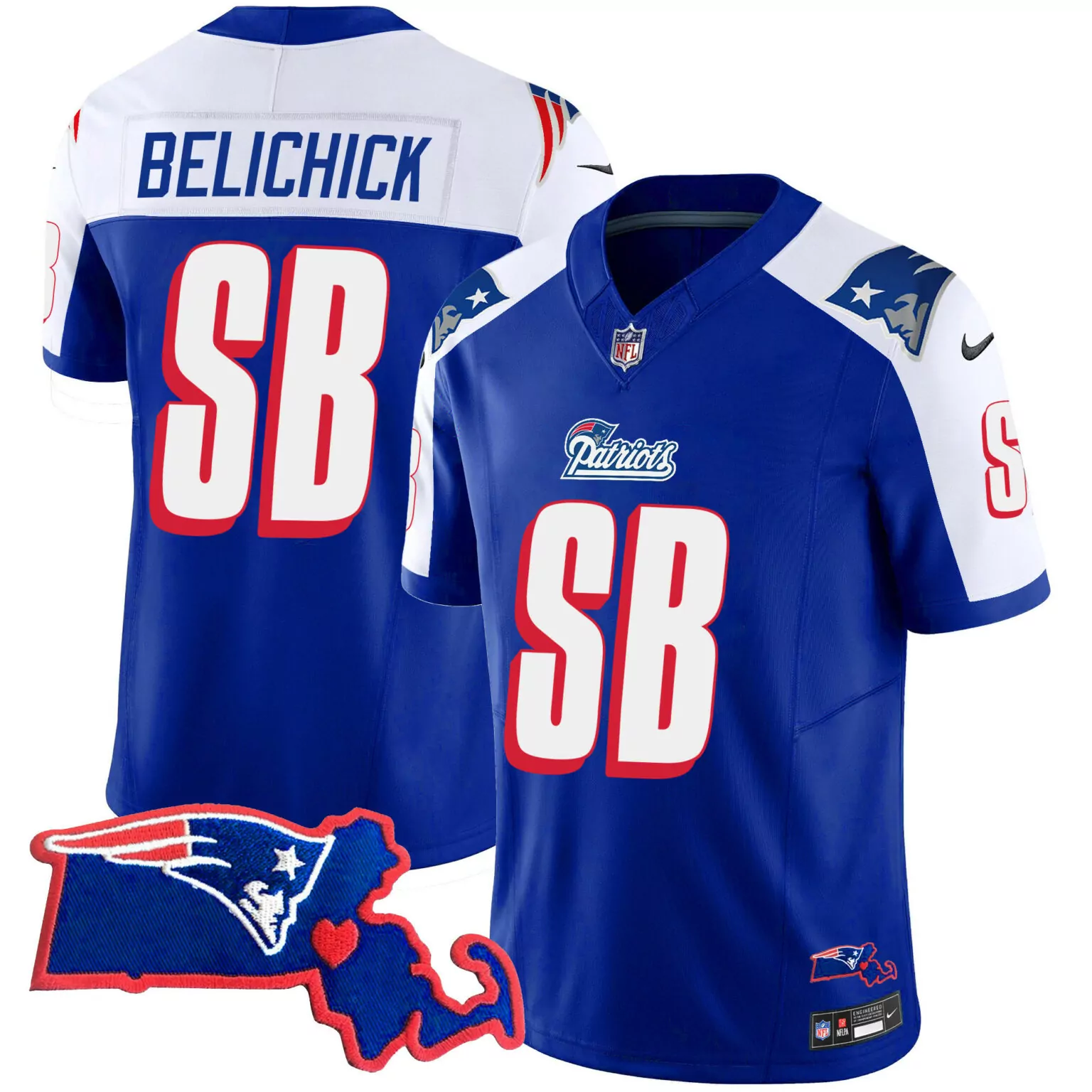 Bill Belichick Patriots Jersey Blue Super Bowl Liii Massachusetts Outline Men Standard