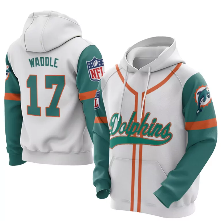 Jaylen Waddle 17 Miami Dolphins Jersey White Men Hoodie Split Design Aqua Orange