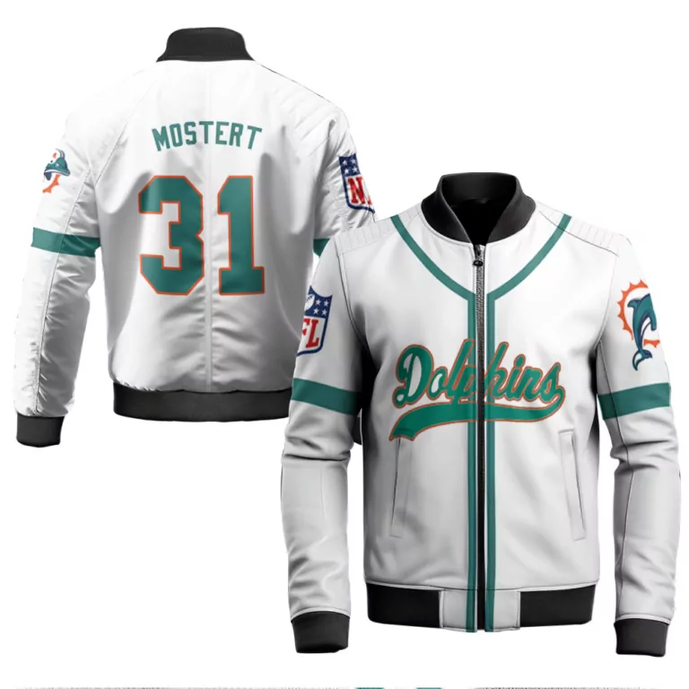 Raheem Mostert 31 Dolphins Jersey White Men Bomber Jacket Teal Orange Throwback