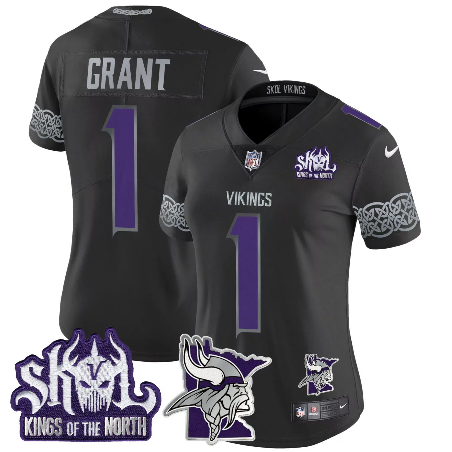 Bud Grant 1 Vikings Jersey Black Skol Kings Of The North Head Men Alternate Purple