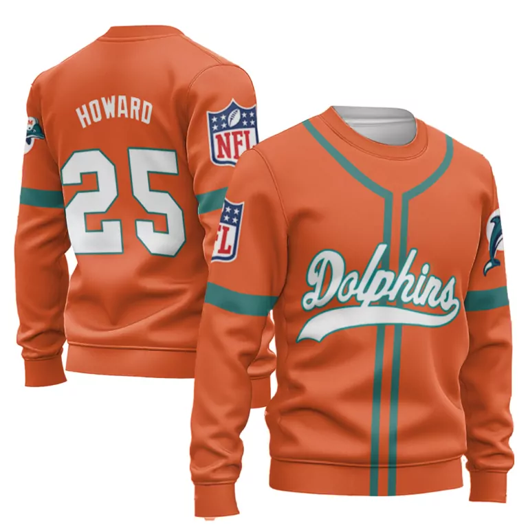 Howard 25 Dolphins Jersey Orange Crewneck Sweatshirt Teal White Throwback
