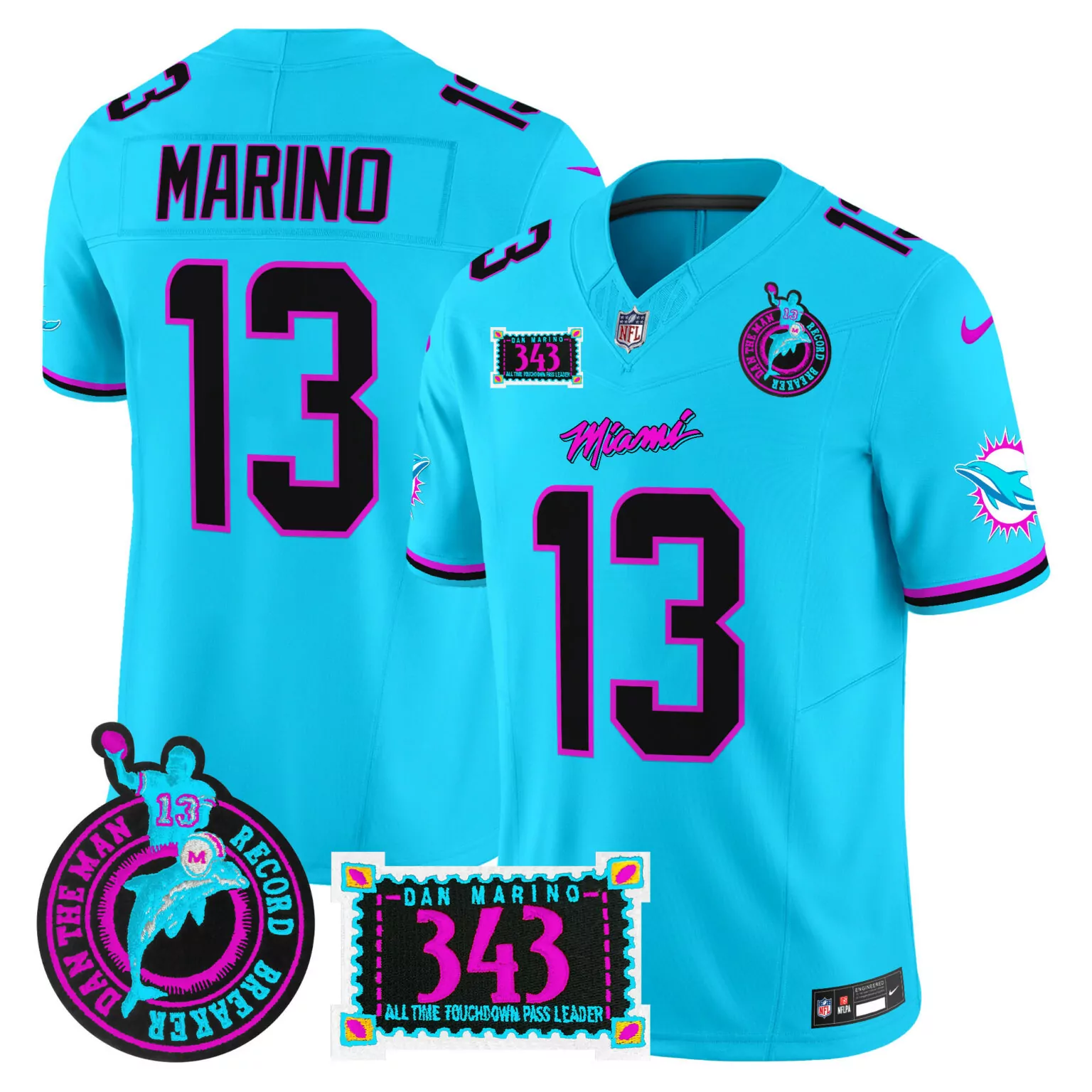 Dan Marino 13 Miami Dolphins Jersey Blue Aqua And Pink Color Rush Man Record Breaker