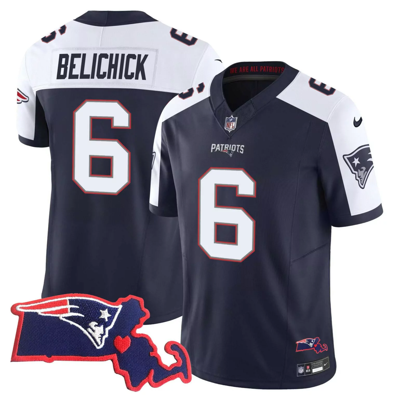 Bill Belichick 6 Jersey Navy Patriots New England Massachusetts Shape Heart Men Game