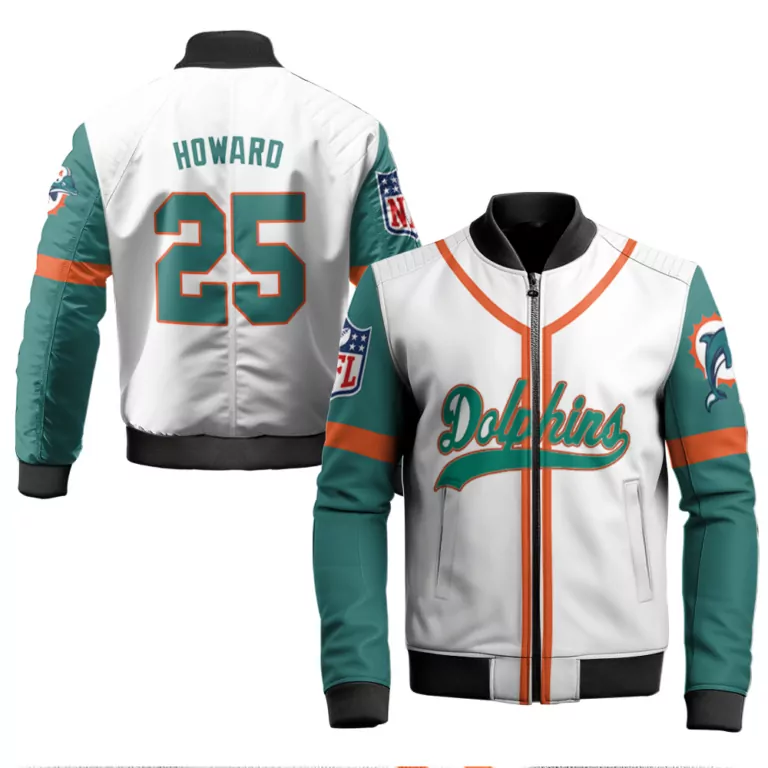 Howard 25 Miami Dolphins Jersey White Men Bomber Jacket Teal Orange Throwback