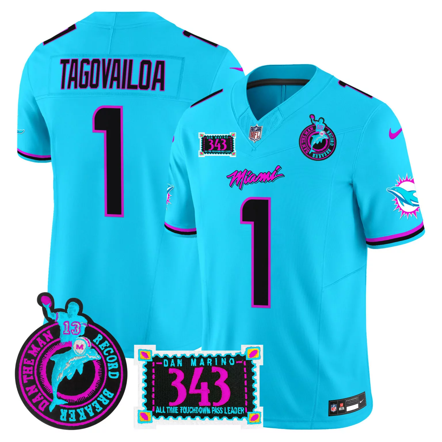 Tua Tagovailoa 1 Miami Dolphins Jersey Aqua Ice Dan Man Record Breaker Men Player