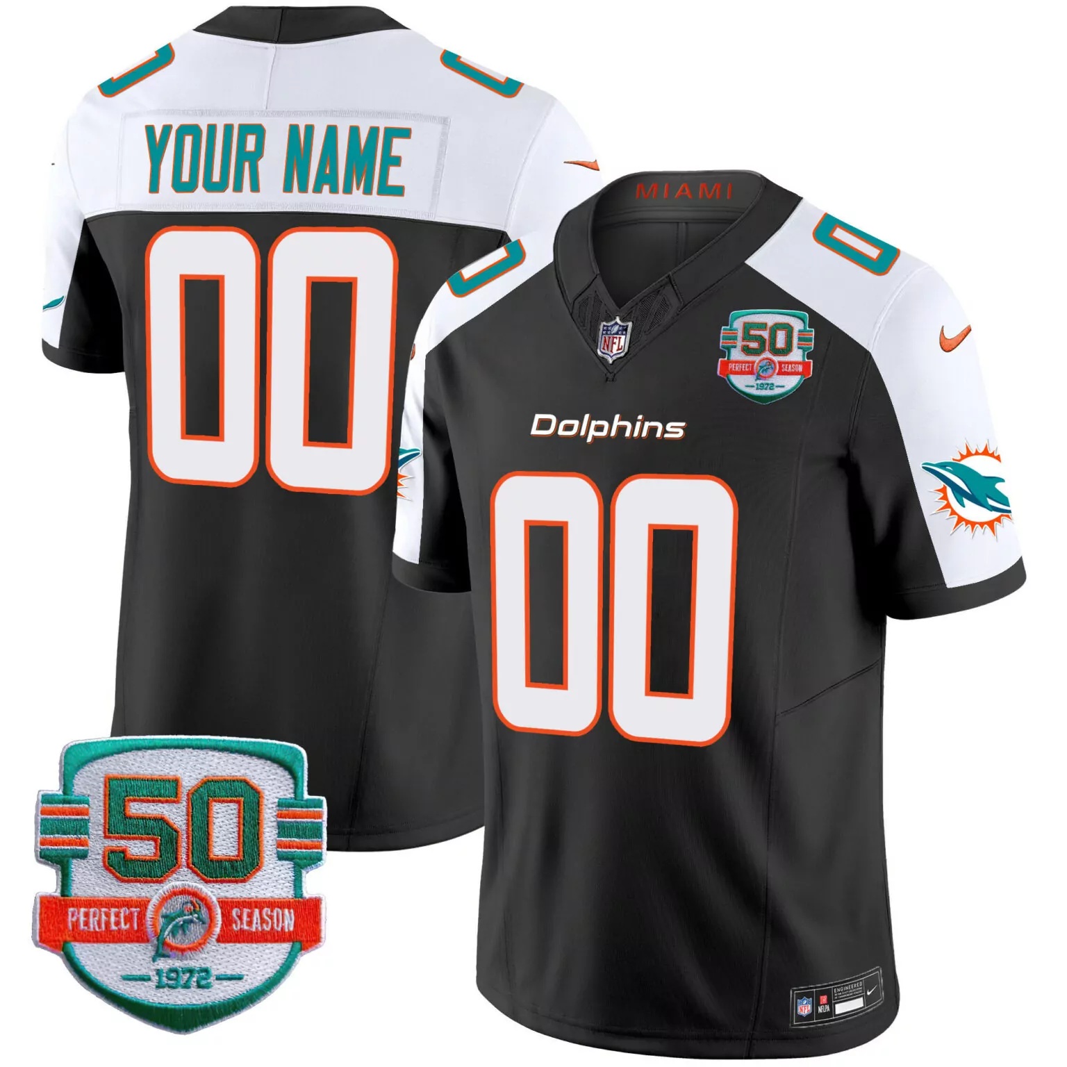 Custom Miami Dolphins Jersey Black 50th Anniversary 50 Perfect Season 1972 White
