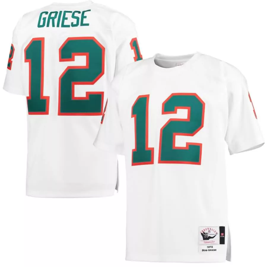 Bob Griese 12 Miami Dolphins Jersey White Throwback Mitchell Ness 1972 Men Teal Orange
