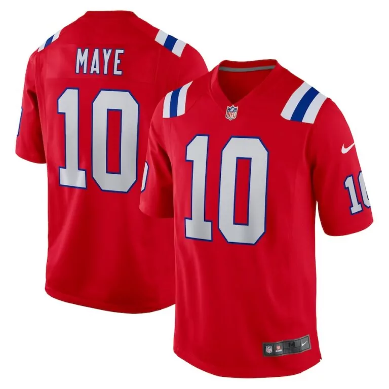 Drake Maye 10 Jersey Red New England Patriots Men Player Alternate White Blue Game