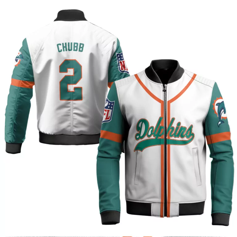 Chubb 2 Dolphins Jersey White Men Bomber Jacket Teal Orange Throwback