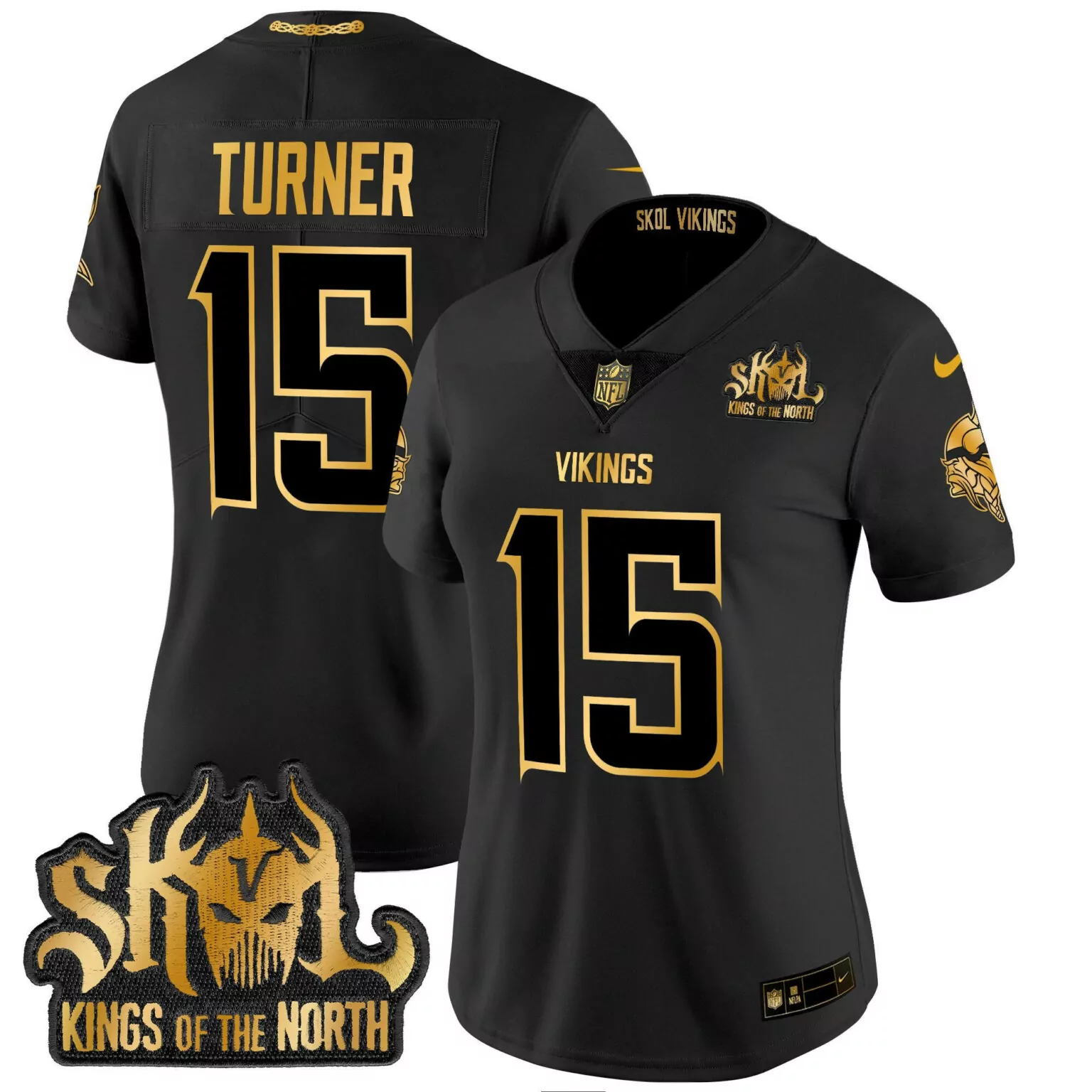 Dallas Turner 15 Vikings Jersey Black Skol Kings North Men Gold All Stitched