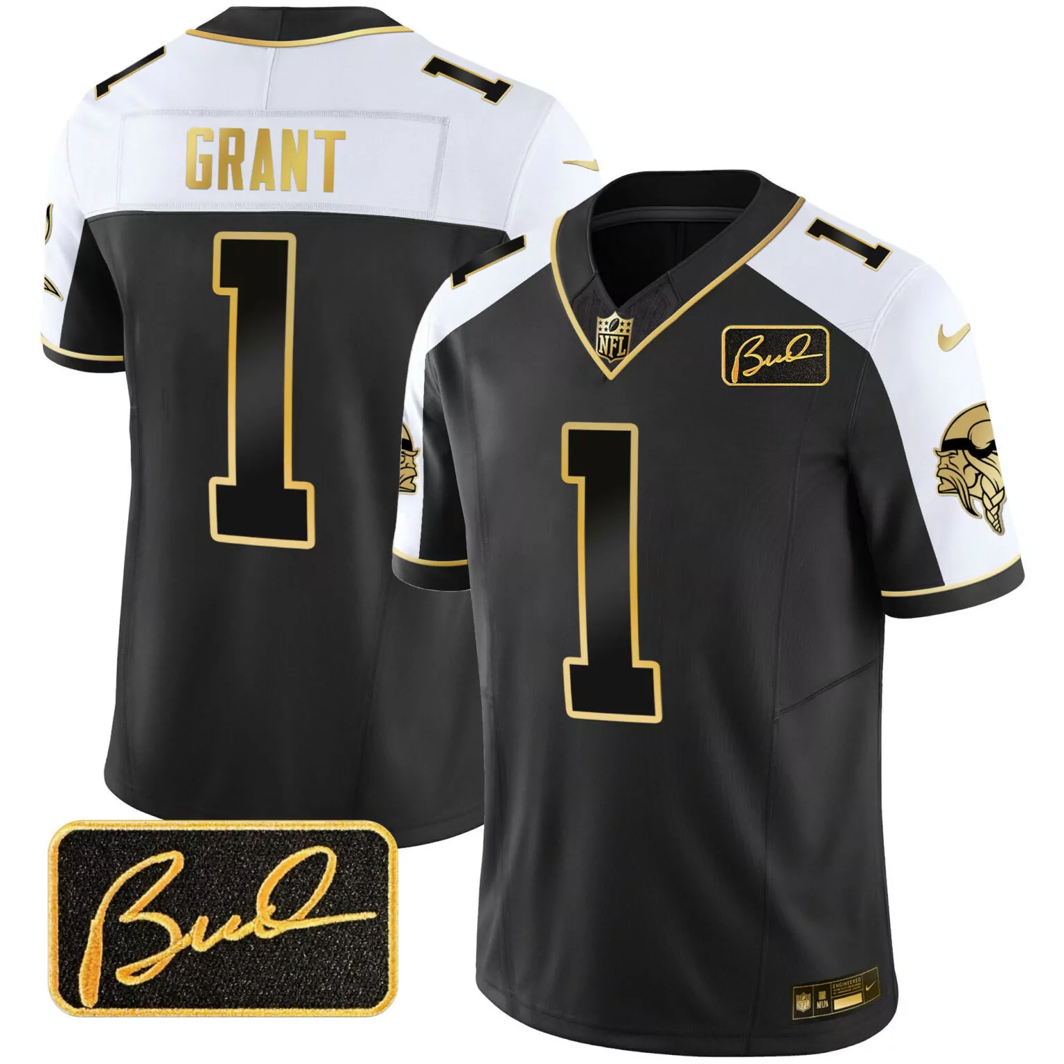Bud Grant 1 New Orleans Saints Jersey Black Signature Men Split Design White Gold