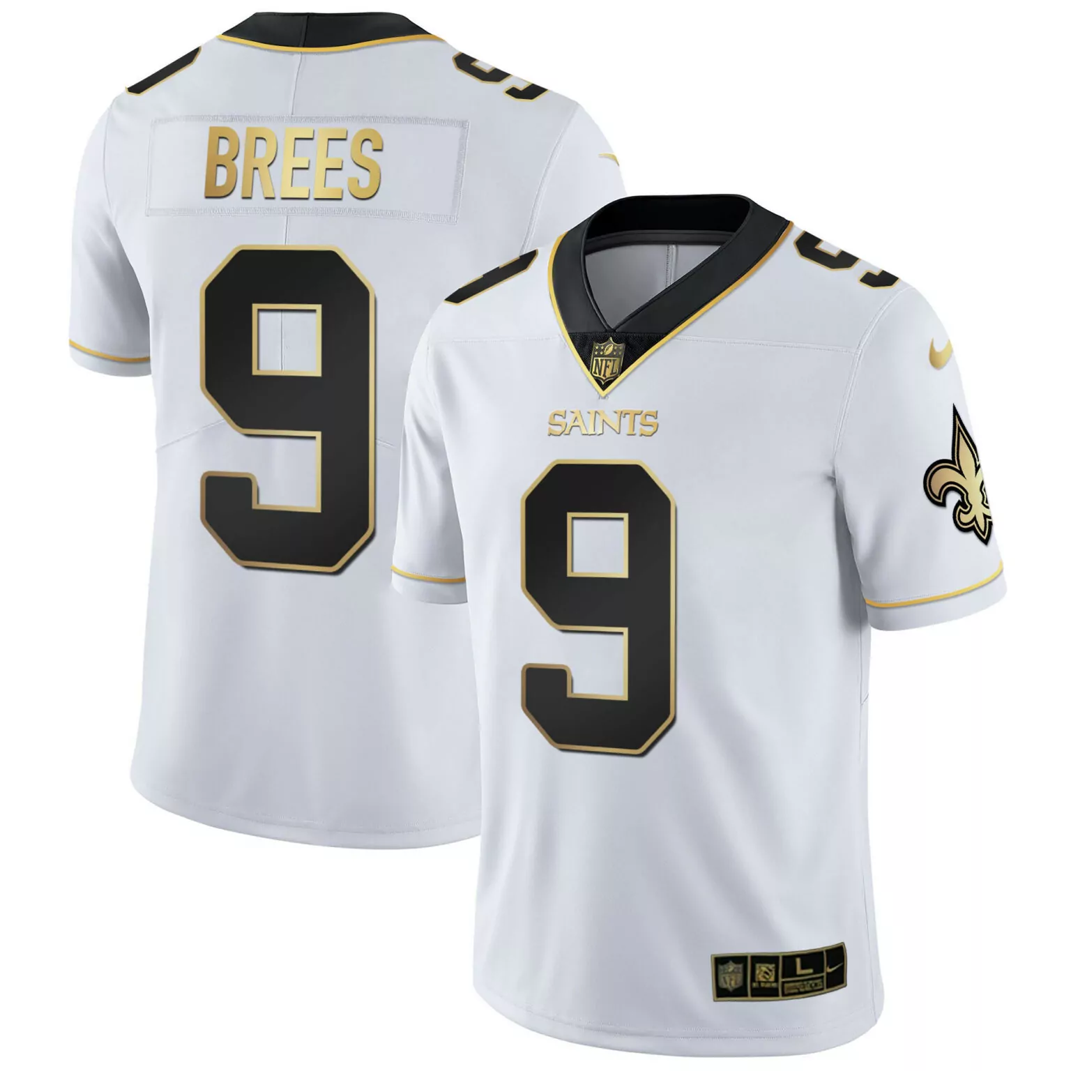 Drew Brees 9 Saints Jersey White Men Black Gold Vapor All Stitched