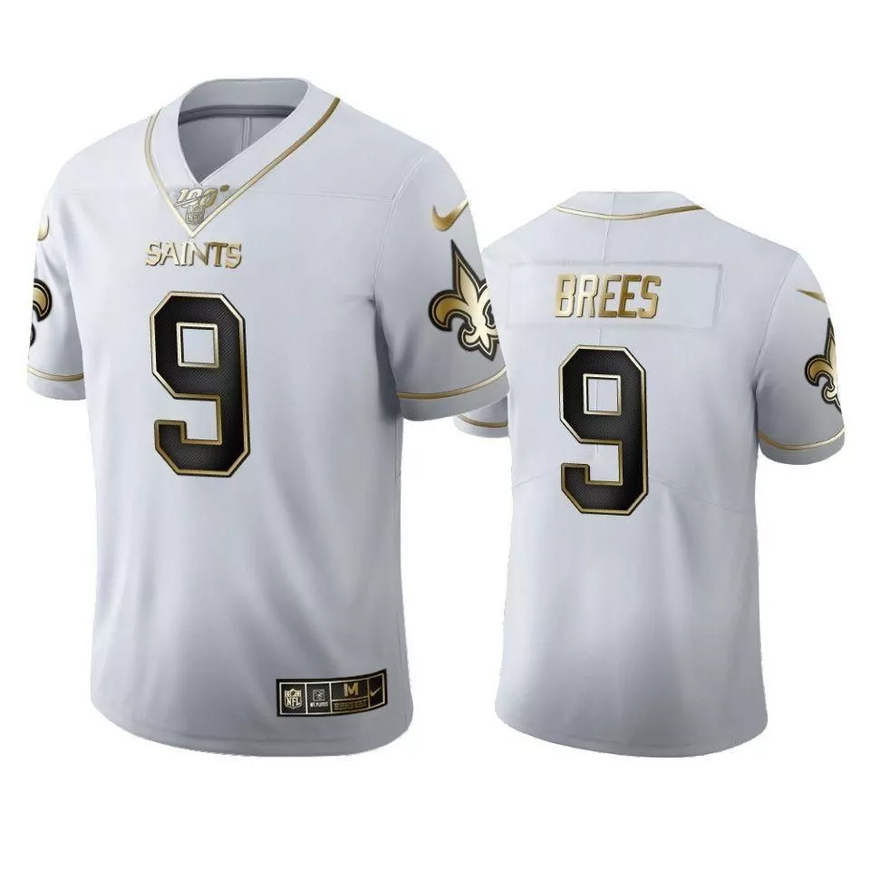 Drew Brees 9 Saints Jersey White Men Player Black Gold