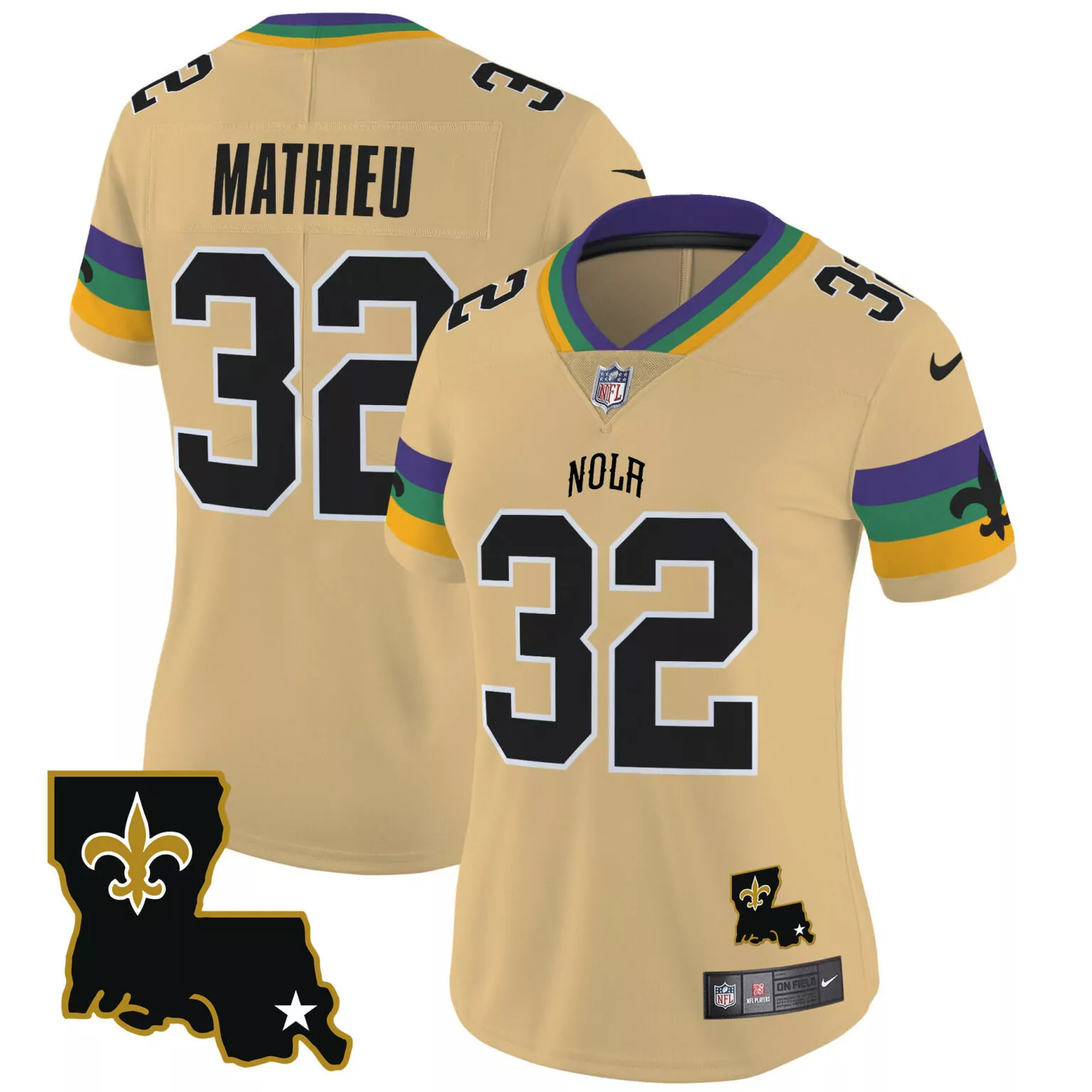 Tyrann Mathieu 32 Jersey Gold New Orleans Saints Louisiana Outline Fleur-de-lis Women