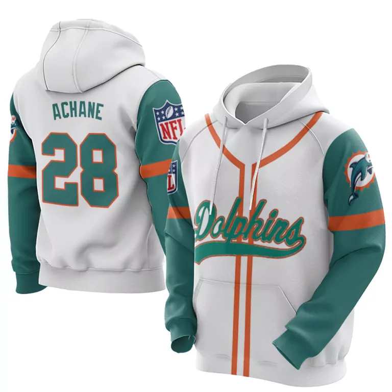 De'von Achane 28 Miami Dolphins Jersey White Men Hoodie Split Custom Design Teal