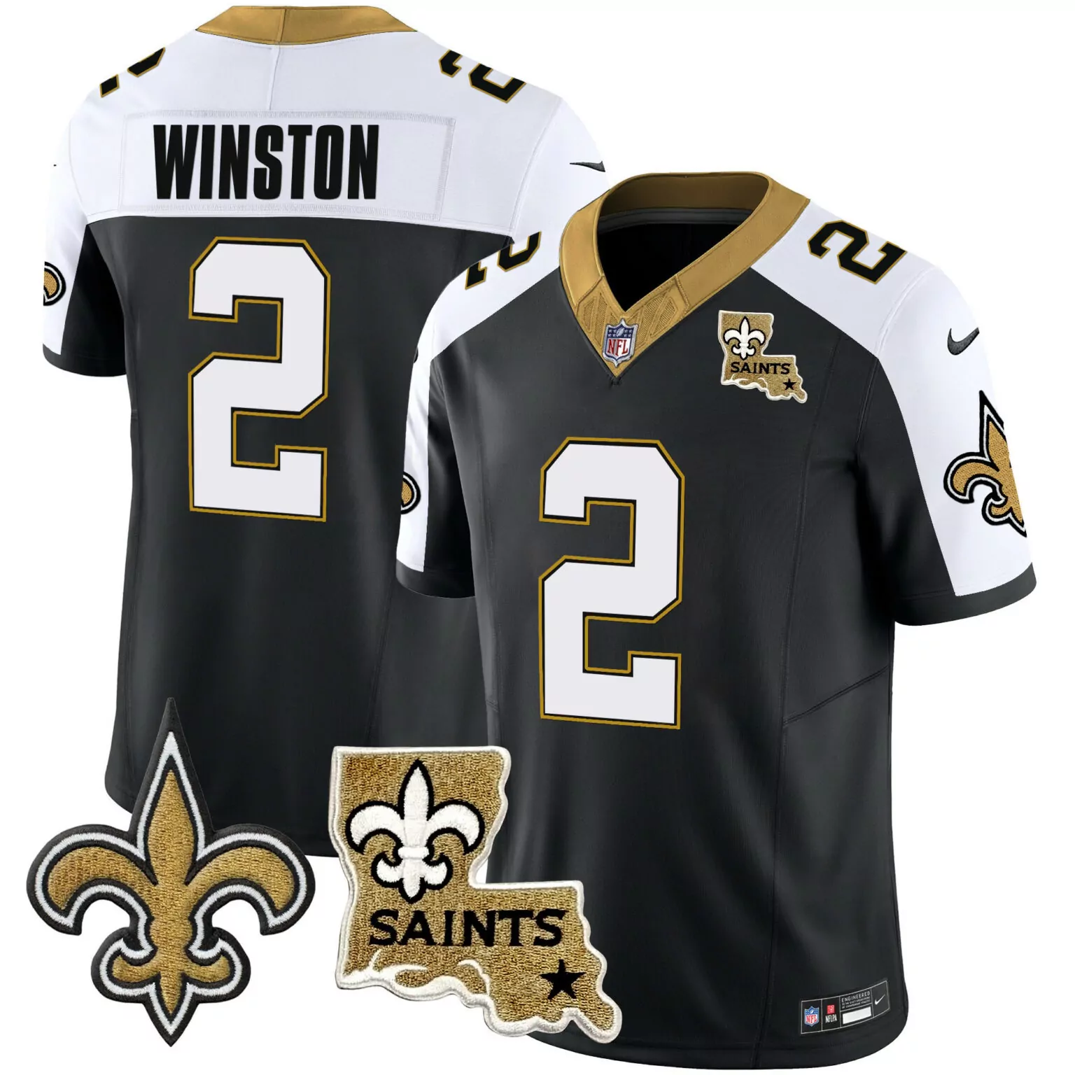 Jameis Winston 2 Jersey Black New Orleans Saints Louisiana Map Fleur De Lis Men Replica