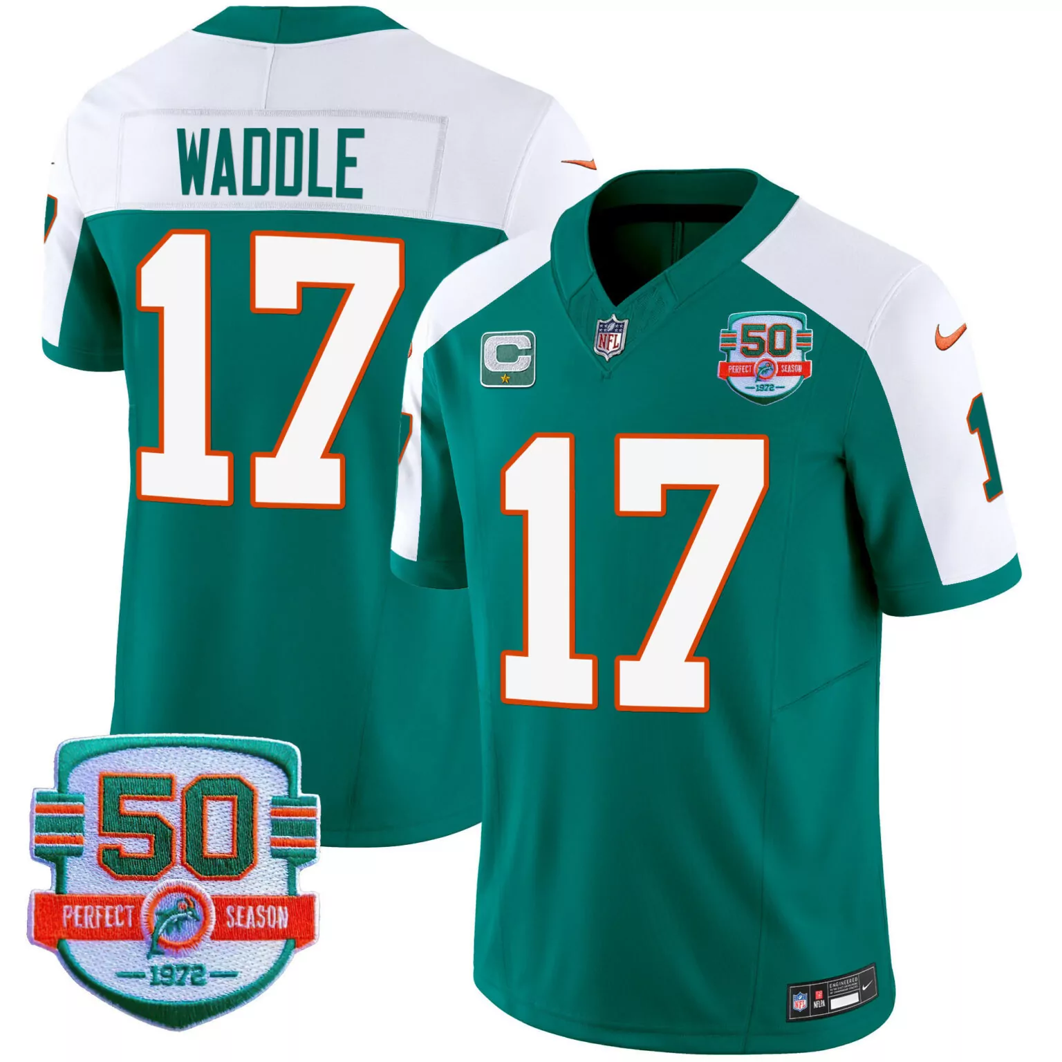 Jaylen Waddle 17 Miami Dolphins Jersey Green 50th Perfect Season 1972 Men White Orange