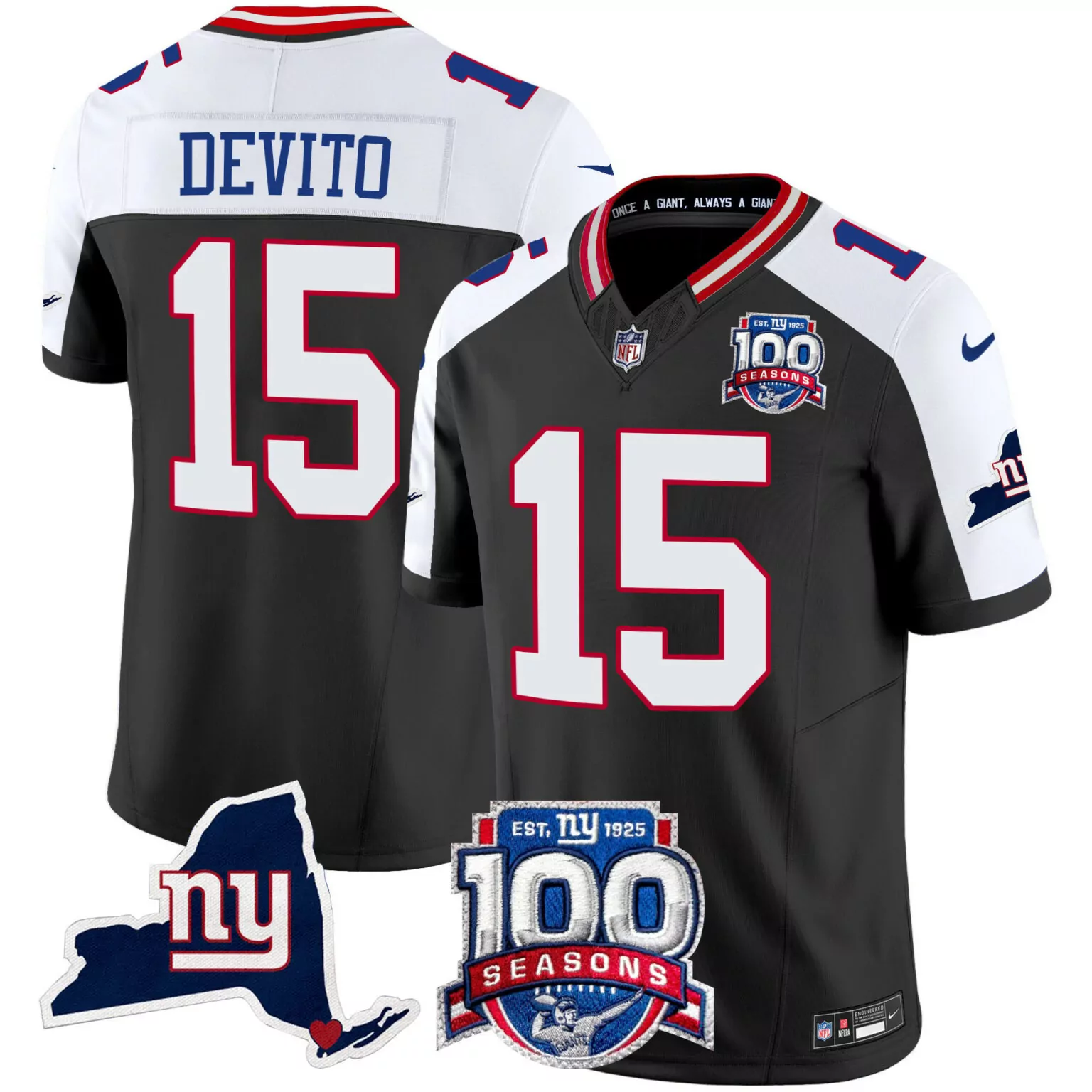 Tommy Devito 15 New York Giants Jersey Black 100th Season 100 Seasons 2022 Men Alternate