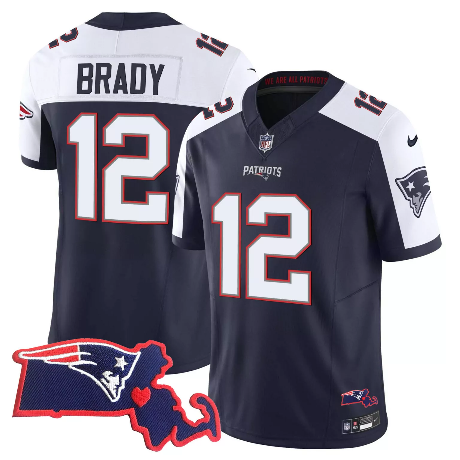 Tom Brady 12 Patriots Jersey Navy Massachusetts Men NFL White Red Alternate All Stitched