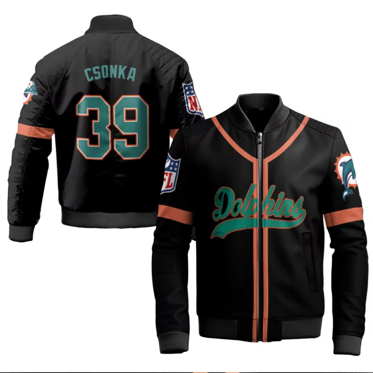 Larry Csonka 39 Miami Dolphins Jersey Black Men Bomber Jacket Teal Orange Throwback