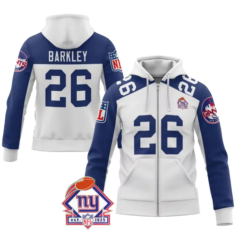 Saquon Barkley 26 New York Giants Jersey White Men Full Zip Hoodie Royal Blue Vapor