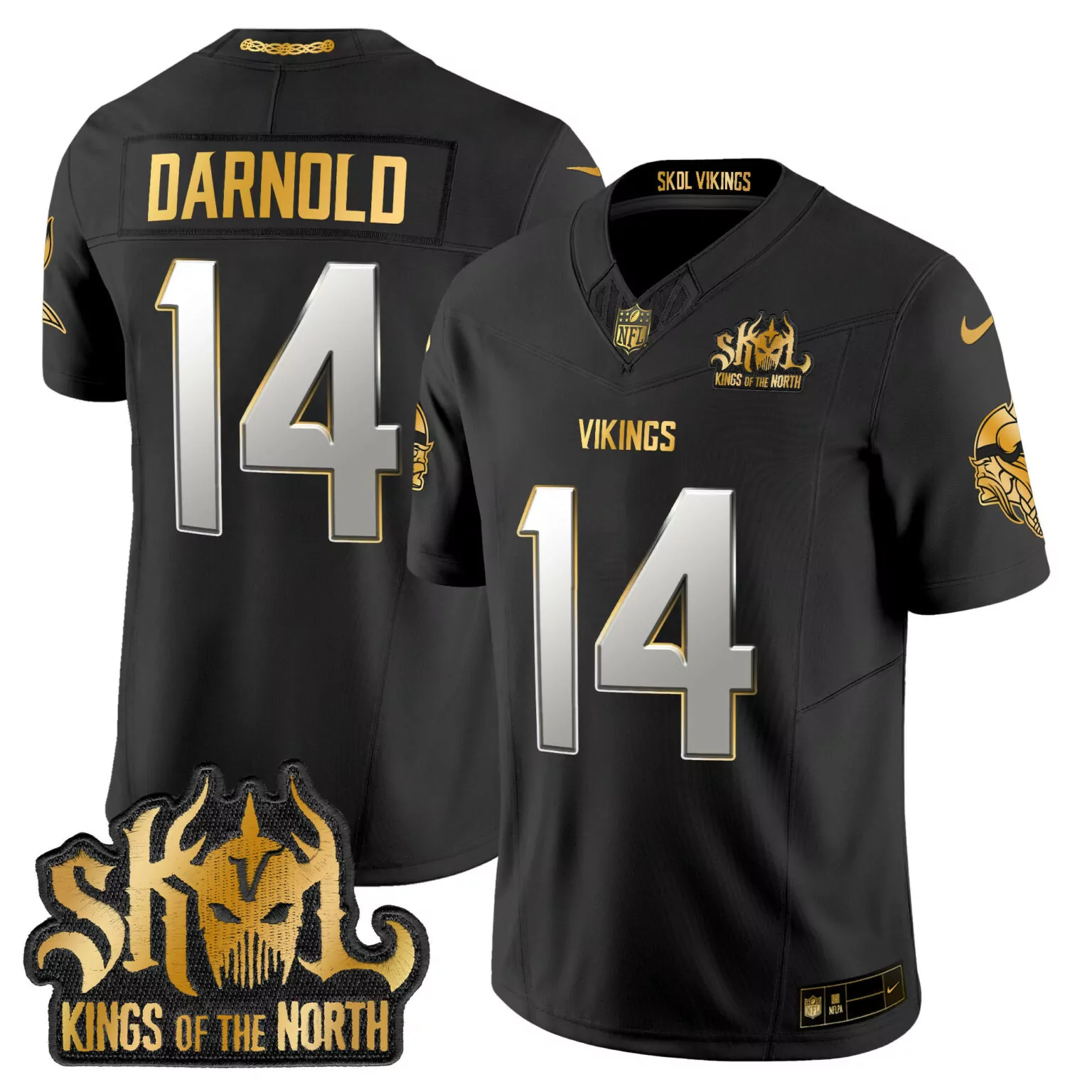 Sam Darnold 14 Vikings Jersey Black Skol Kings Of The North Men Gold Silver All Stitched