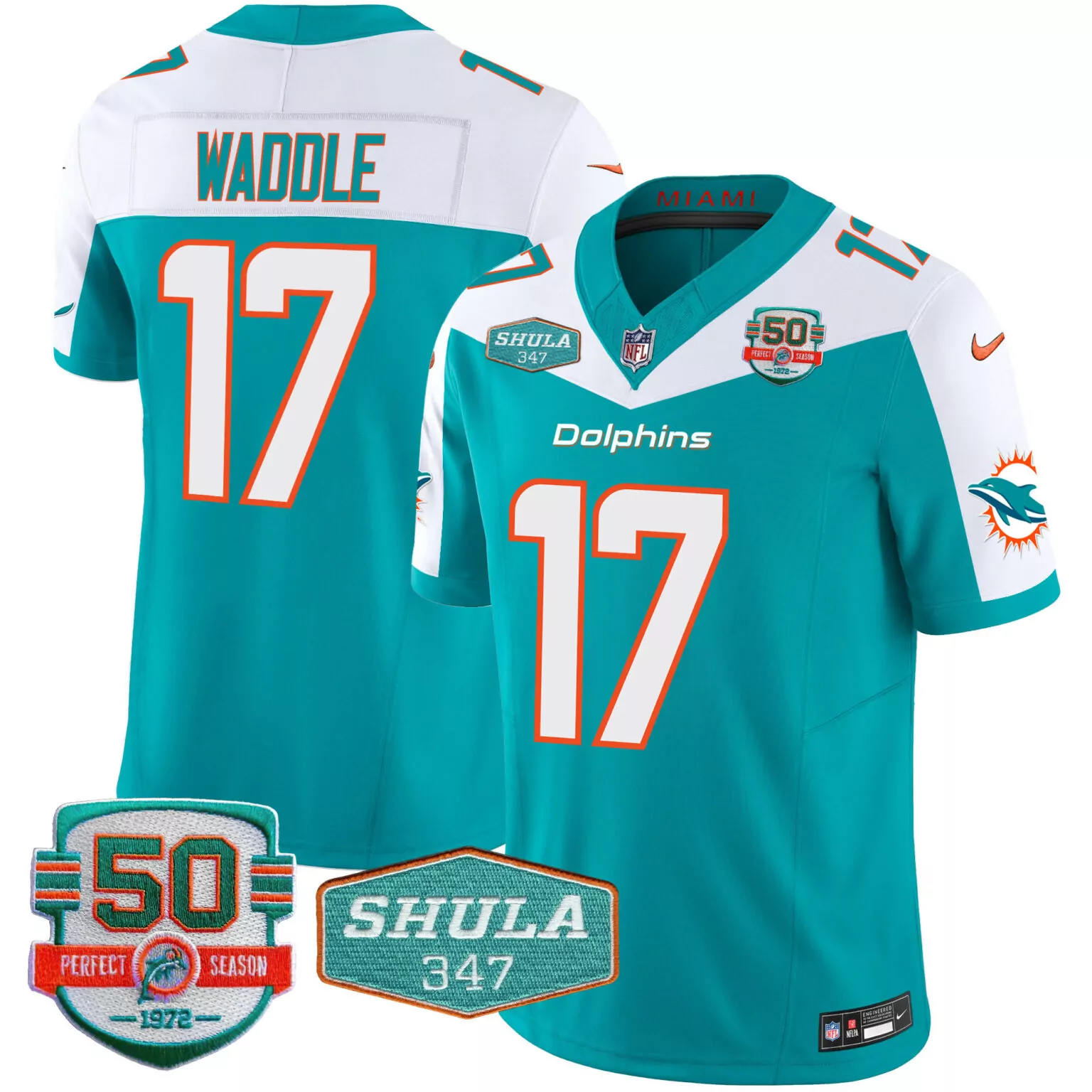 Jaylen Waddle 17 Dolphins Jersey Teal 50th Anniversary Perfect Season 1972 Shula 347 2022