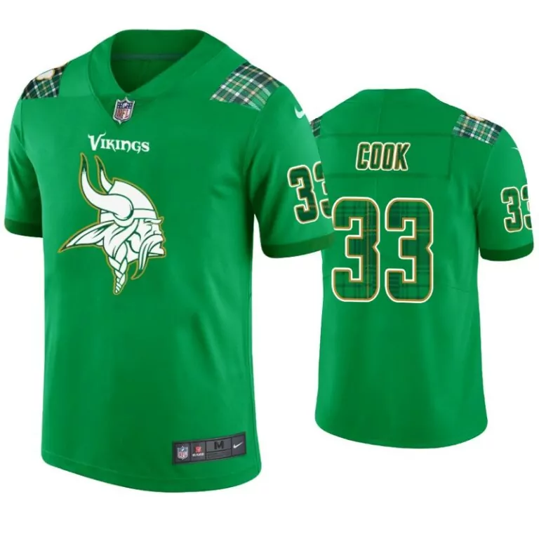 Dalvin Cook 33 Vikings Jersey Green St. Patrick's Day Men Split Design White Gold