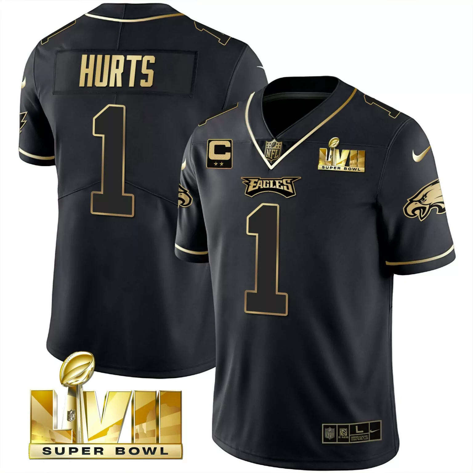 Jalen Hurts 1 Eagles Jersey Black Super Bowl Lvii Men Player Gold Vapor All Stitched