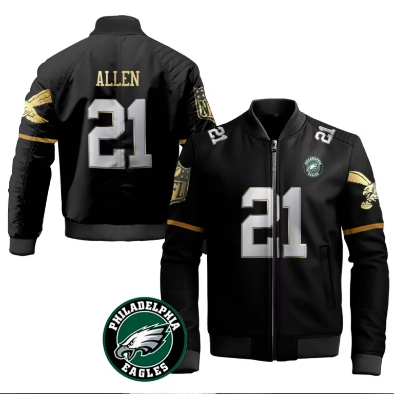 Eric Allen 21 Philadelphia Eagles Jersey Black Men Bomber Jacket White Gold Throwback