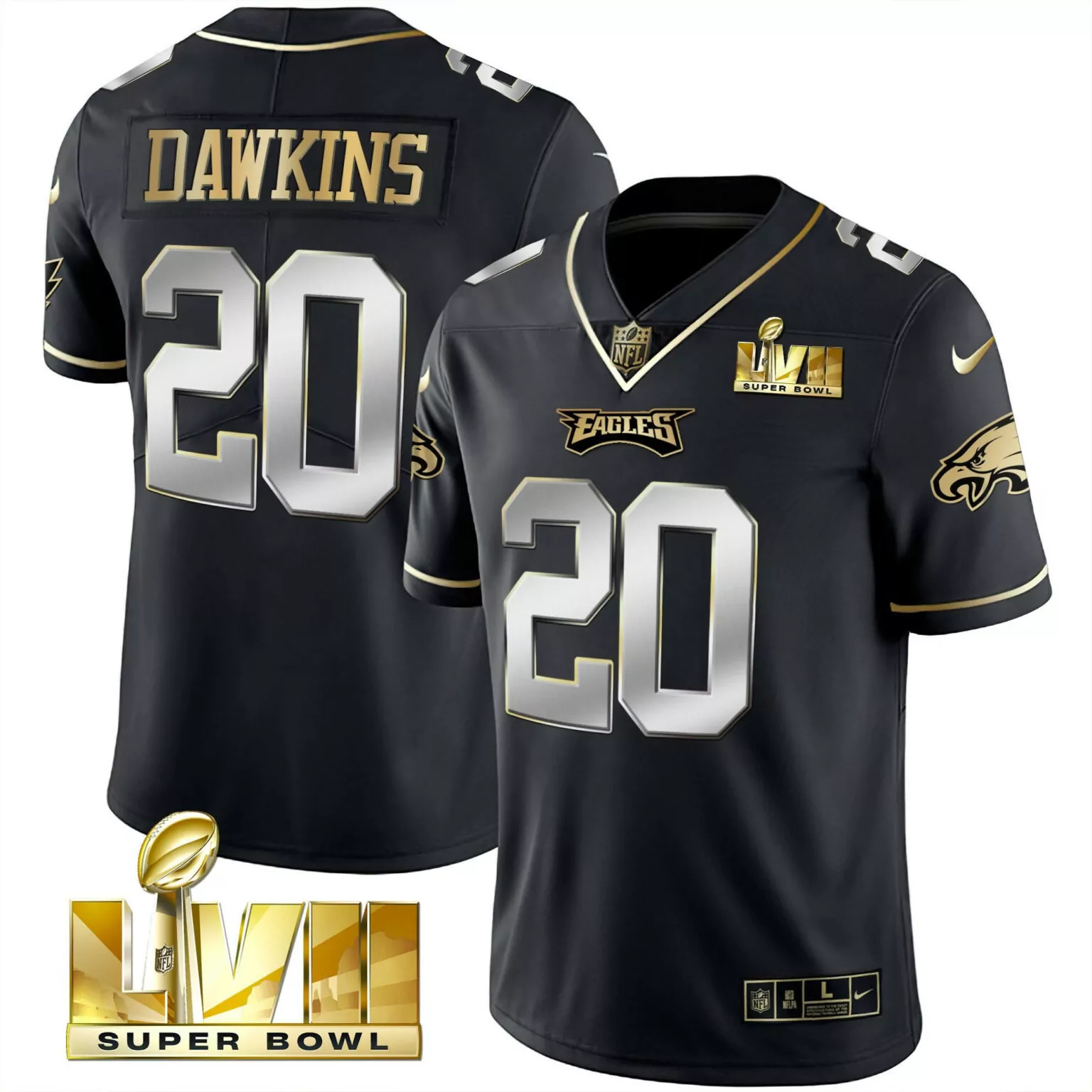 Brian Dawkins 20 Eagles Jersey Black Super Bowl Lvii Men Gold Silver Vapor All Stitched