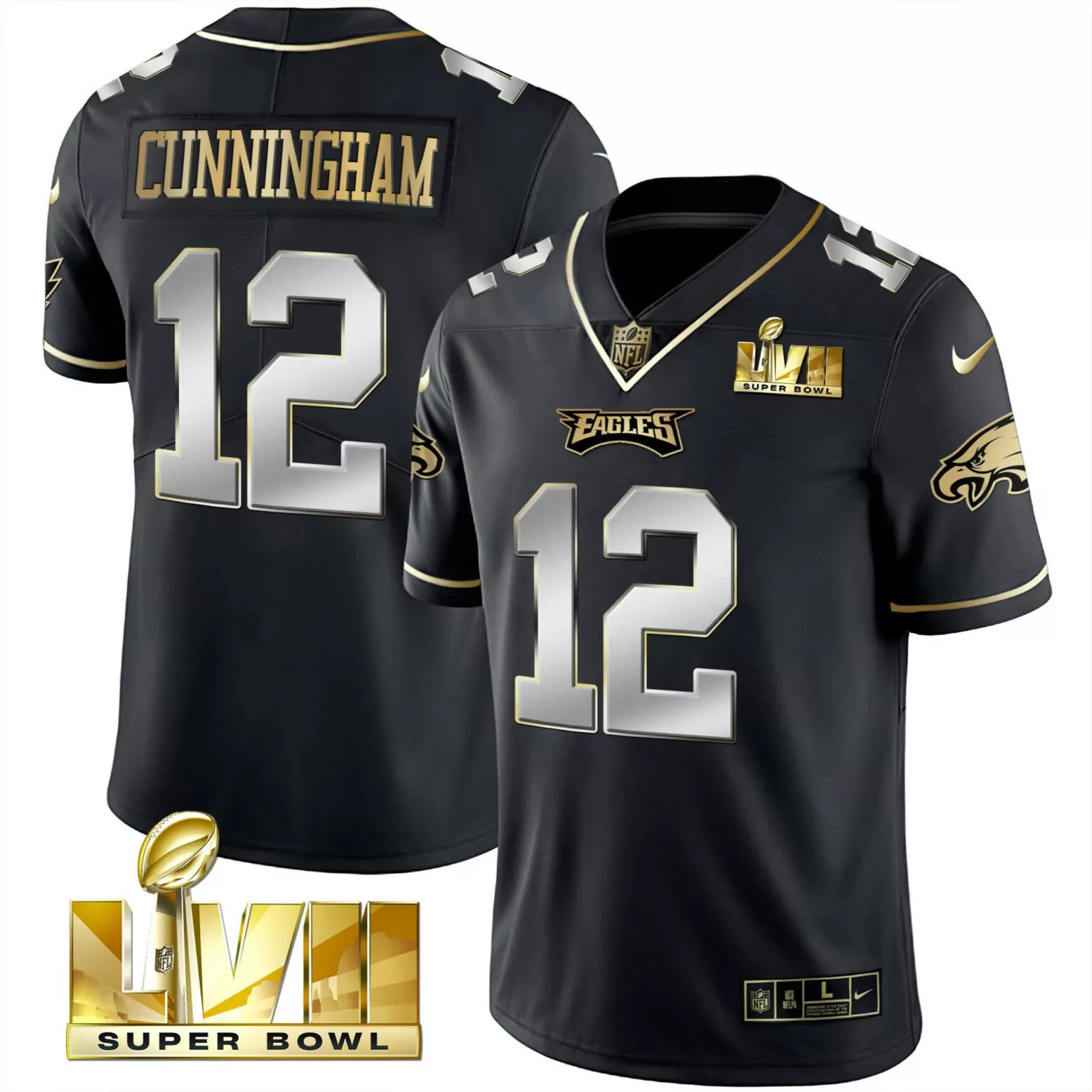 Randall Cunningham 12 Eagles Jersey Black Super Bowl Lvii Men Player Gold Silver